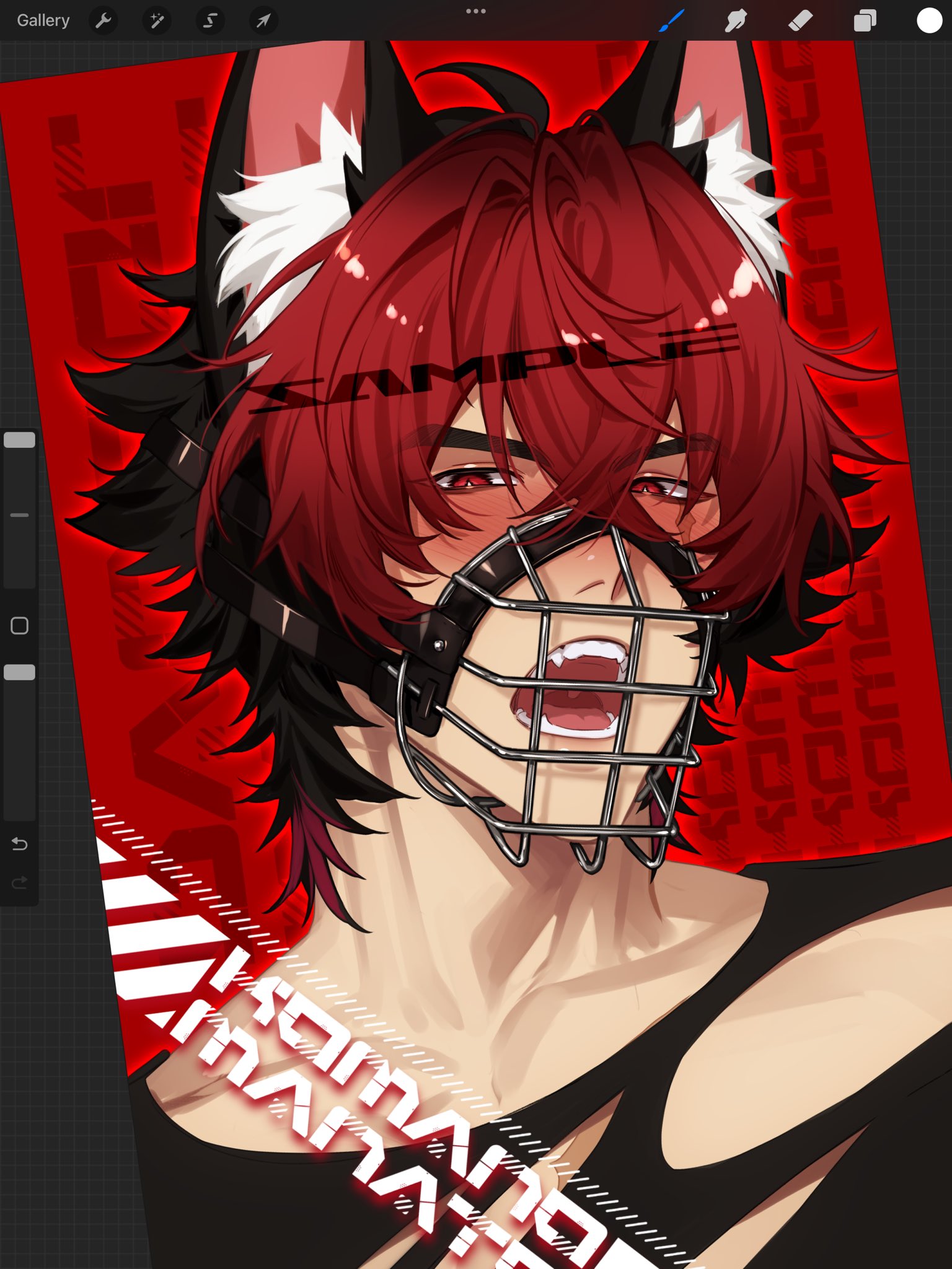 rourouki, komano manato, zenless zone zero, hashtag-only commentary, highres, 1boy, animal ears, art program in frame, black hair, blush, character name, dog boy, fangs, male focus, multicolored hair, muzzle (mask), open mouth, red hair, scar, scar across eye, scar on face, solo, teeth, upper body