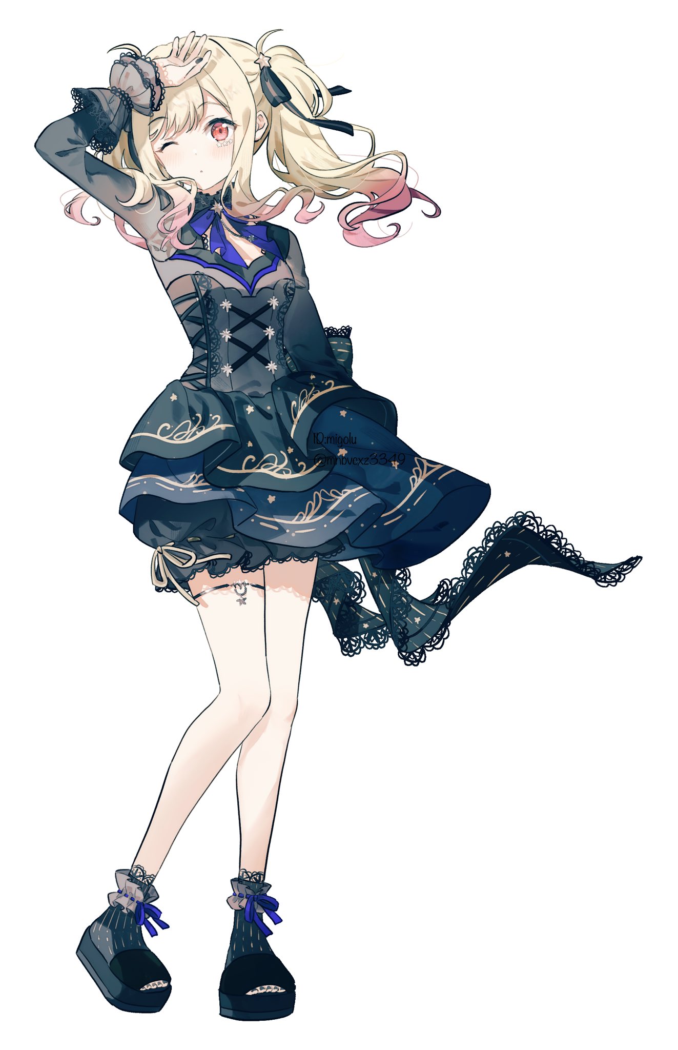 migolu, tenma saki, project sekai, highres, 1girl, arm up, black sandals, blonde hair, blue dress, blue socks, blush, closed mouth, dress, full body, long hair, long sleeves, multicolored hair, one eye closed, pink hair, red eyes, sandals, simple background, socks, solo, standing, twintails, two-tone hair, white background