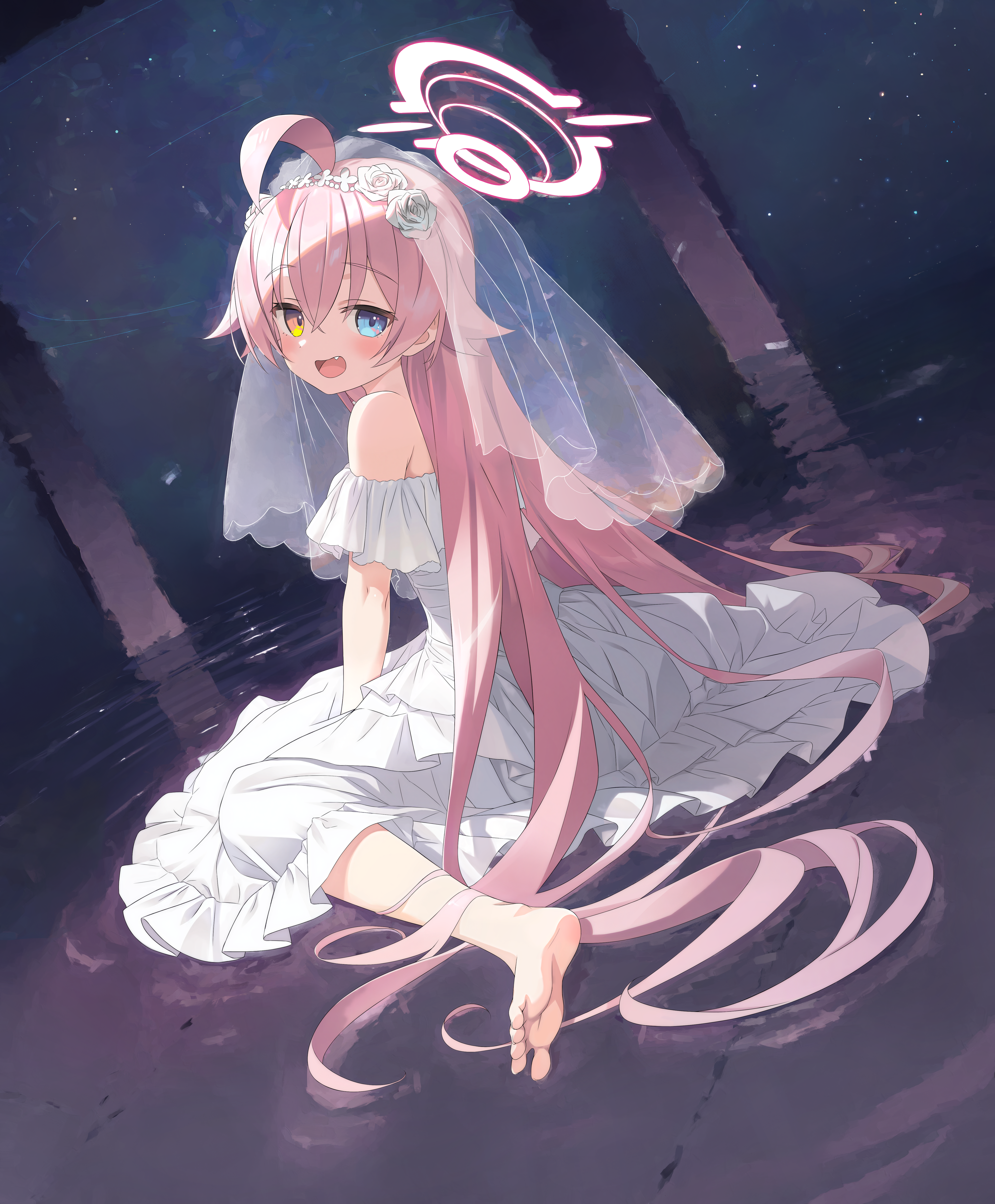 youyueyue, hoshino (blue archive), blue archive, absurdres, highres, 1girl, :d, ahoge, barefoot, blue eyes, bridal veil, bride, crossed bangs, dress, fang, feet, flower, frilled dress, frills, full body, hair between eyes, hair flaps, hair flower, hair ornament, halo, heterochromia, long hair, looking at viewer, open mouth, pink hair, pink halo, smile, solo, veil, very long hair, wedding dress, white dress, white flower, white veil, yellow eyes