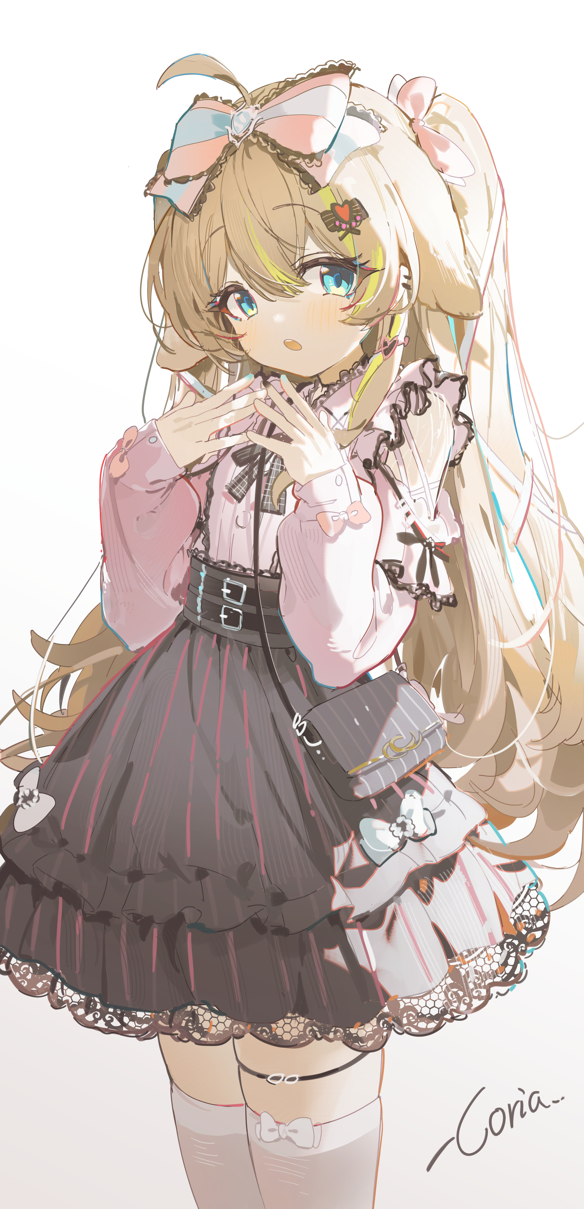 coria, original, absurdres, highres, 1girl, ahoge, bag, black bag, black bow, black bowtie, black skirt, bow, bow legwear, bowtie, gradient background, hair bow, hand up, long hair, long sleeves, looking at viewer, parted lips, pink bow, pink shirt, shirt, shoulder bag, signature, simple background, skirt, standing, teeth, thighhighs, upper teeth only, white background, white bow, white thighhighs, zettai ryouiki