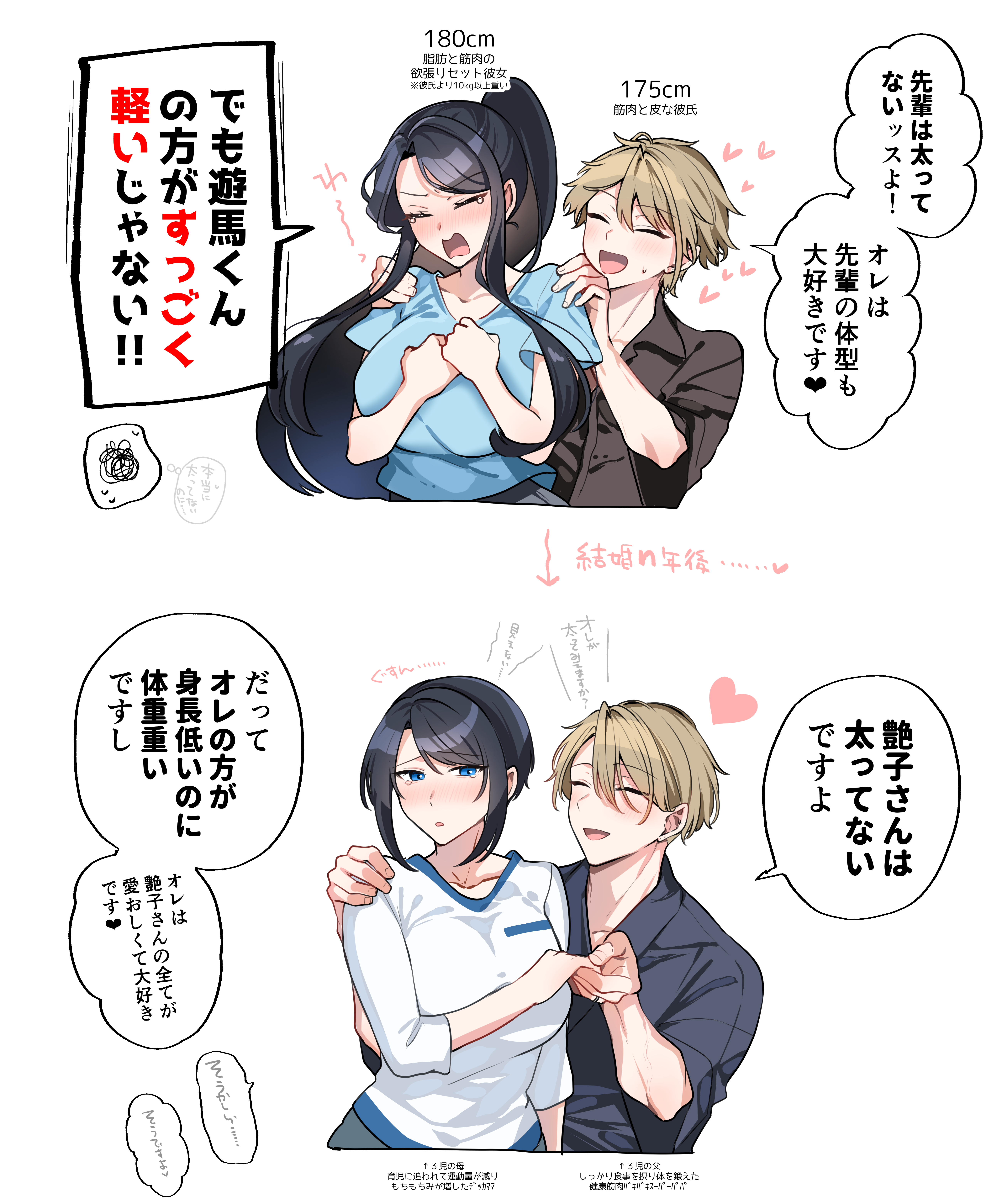yunamaro, asuma mitsuya (yunamaro), yaotome tsuyako (yunamaro), original, absurdres, commentary request, highres, translation request, 1boy, 1girl, arrow (symbol), black hair, black shirt, blonde hair, blue eyes, blue shirt, blush, breasts, closed eyes, collarbone, collared shirt, hands on another's shoulders, heart, height, hetero, long hair, open mouth, shirt, short hair, speech bubble, tall female, tearing up, white shirt