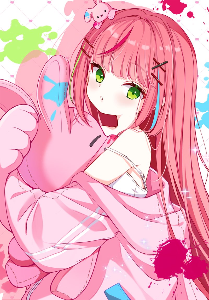 subin (subin 2011), hanako nana, stellive, commentary, korean commentary, 1girl, bare shoulders, blush, camisole, green eyes, grid background, hair ornament, holding, holding stuffed toy, jacket, long hair, long sleeves, looking at viewer, off shoulder, parted lips, pink hair, pink jacket, solo, stuffed animal, stuffed rabbit, stuffed toy, upper body, virtual youtuber, white background, white camisole, x hair ornament
