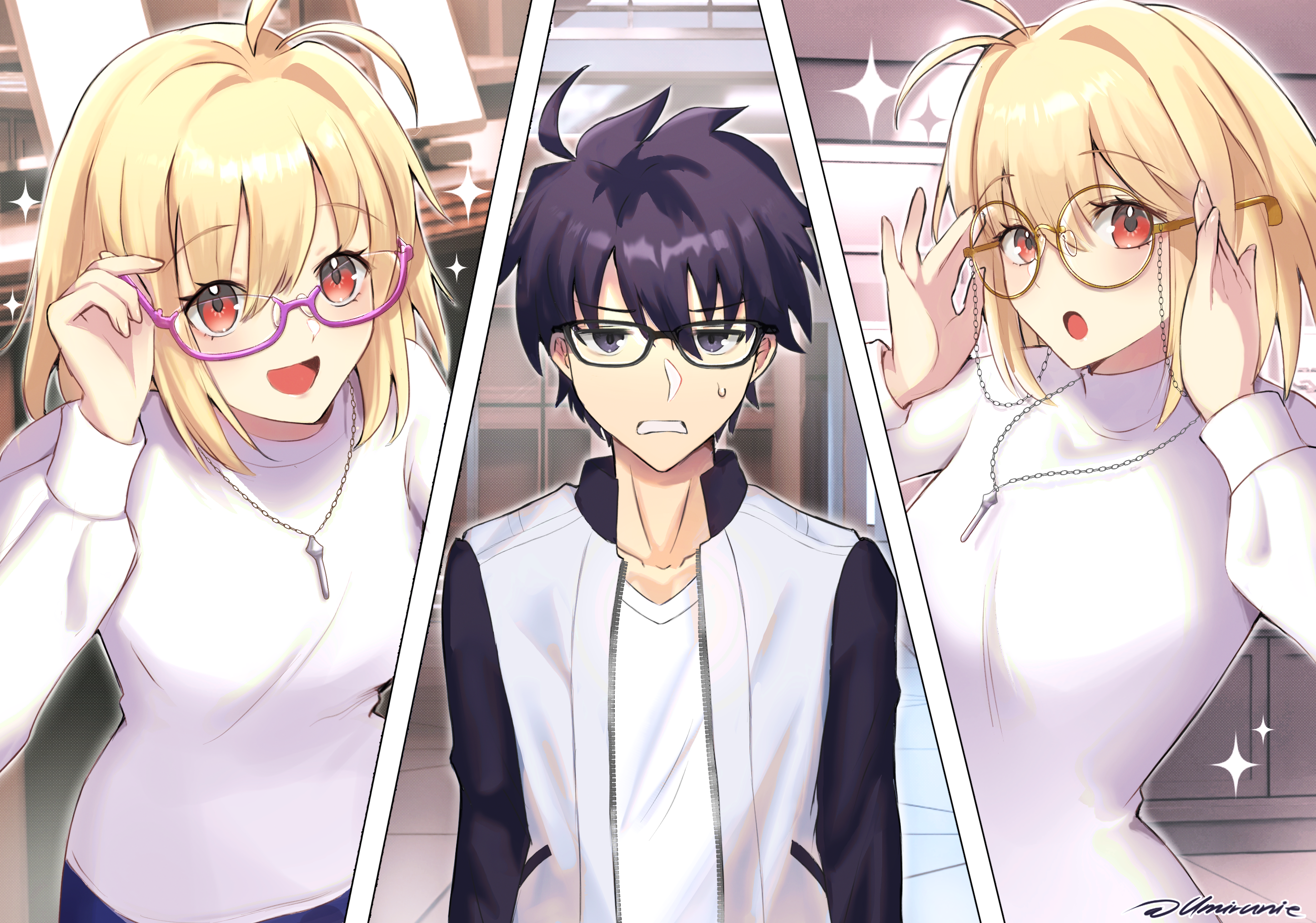 umirunie, arcueid brunestud, tohno shiki, tsukihime, tsukihime (remake), highres, 1boy, 1girl, black eyes, black hair, blonde hair, breasts, glasses, glasses day, indoors, jacket, jewelry, pendant, red eyes, round eyewear, semi-rimless eyewear, shirt, sparkle, sweater, under-rim eyewear, white jacket, white shirt, white sweater