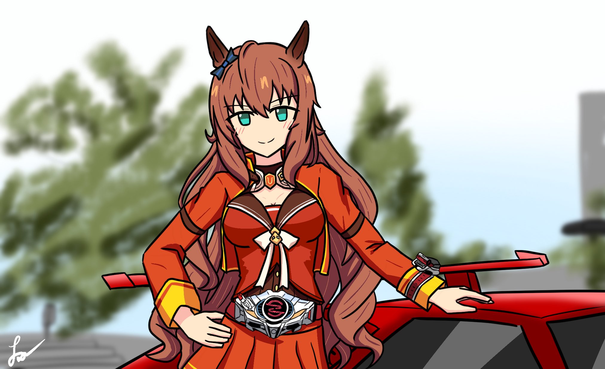 maruzensky (formula r) (umamusume), maruzensky (umamusume), kamen rider, kamen rider drive (series), umamusume, highres, 1girl, animal ears, belt, blue eyes, bow, breasts, brown hair, car, cleavage, drive driver, ear bow, hair between eyes, horse ears, horse girl, jacket, large breasts, long hair, long sleeves, looking at viewer, motor vehicle, red jacket, red skirt, rider belt, shift brace, shirt, sincely, skirt, smile, solo, tokusatsu, tridoron, upper body
