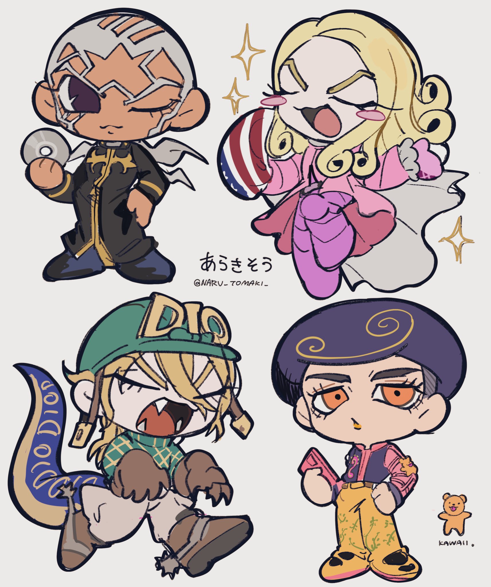 naru tomaki, diego brando, enrico pucci, funny valentine, scary monsters (stand), tooru (jojolion), jojo no kimyou na bouken, jojolion, steel ball run, stone ocean, commentary request, highres, 4boys, :3, afro, american flag, argyle clothes, argyle sweater, black eyes, black hair, blonde hair, boots, brown boots, brown gloves, buzz cut, cassock, cd, cellphone, chibi, chibi only, clawed gauntlets, closed eyes, coat, curly hair, dark-skinned male, dark skin, dinosaur tail, fangs, gloves, green helmet, green sweater, grey hair, grey pants, hand on own hip, helmet, holding, holding cd, holding phone, jodhpurs, long coat, long hair, long sleeves, male focus, multiple boys, one eye closed, open mouth, orange eyes, pants, phone, pink coat, pink pants, pink shirt, priest, shirt, short hair, smartphone, smile, sparkle, spurs, stand (jojo), sweater, tail, teddy bear ornament, turtleneck, turtleneck sweater, very short hair, white hair, yellow pants