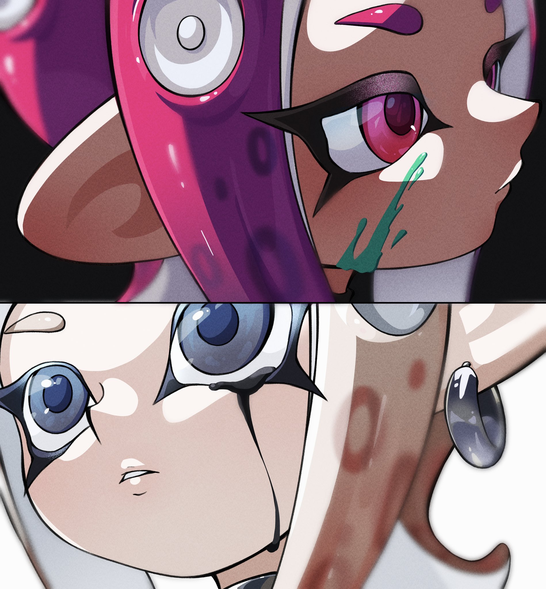 oka kabe, agent 8 (splatoon), nintendo, splatoon (series), splatoon 2, splatoon 2: octo expansion, splatoon 3, splatoon 3: side order, highres, 2girls, black tears, blonde hair, blue eyes, close-up, closed mouth, crying, crying with eyes open, dark-skinned female, dark skin, dual persona, earrings, jewelry, multiple girls, octoling, paint splatter, paint splatter on face, parted bangs, parted lips, pink eyes, pink hair, tears, tentacle hair