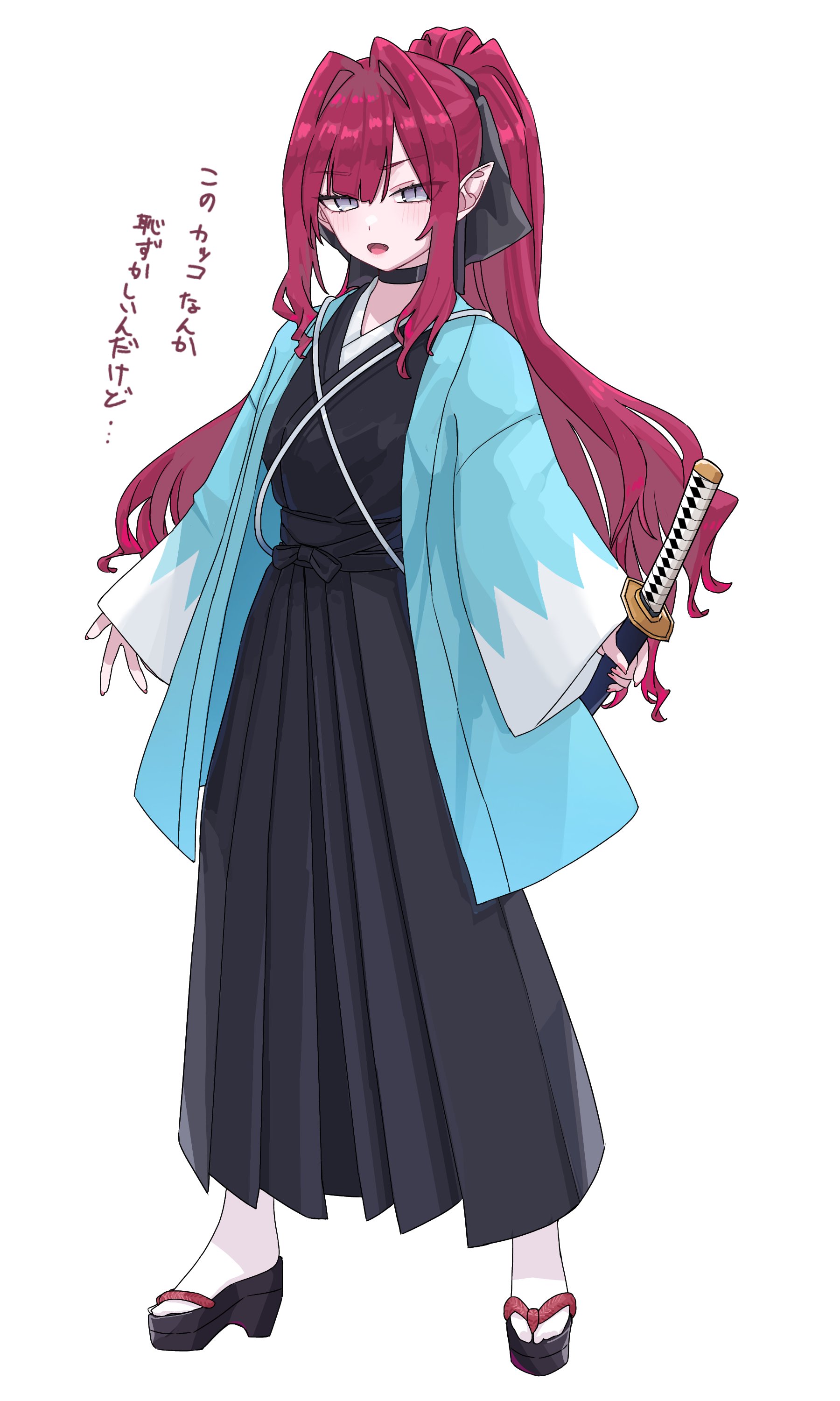 niwaikanai, baobhan sith (fate), fate/grand order, fate (series), absurdres, highres, 1girl, grey eyes, haori, holding, holding sword, holding weapon, japanese clothes, looking at viewer, open mouth, pointy ears, red hair, scabbard, sheath, shinsengumi (fate), solo, sword, weapon