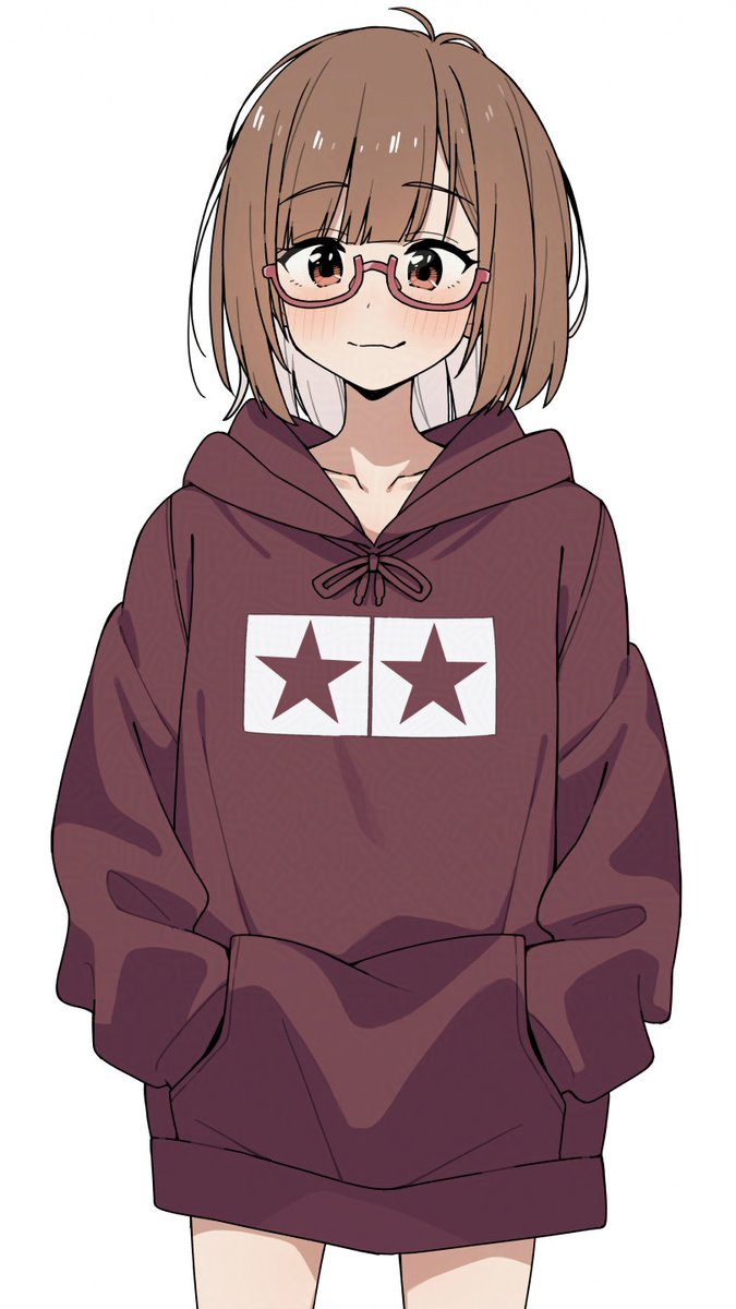 itami sumihito, original, highres, 1girl, blush, brown-framed eyewear, brown eyes, brown hair, brown hoodie, closed mouth, cowboy shot, fang, glasses, glasses day, hands in pocket, hood, hood down, hoodie, medium hair, semi-rimless eyewear, simple background, skin fang, smile, solo, under-rim eyewear, white background