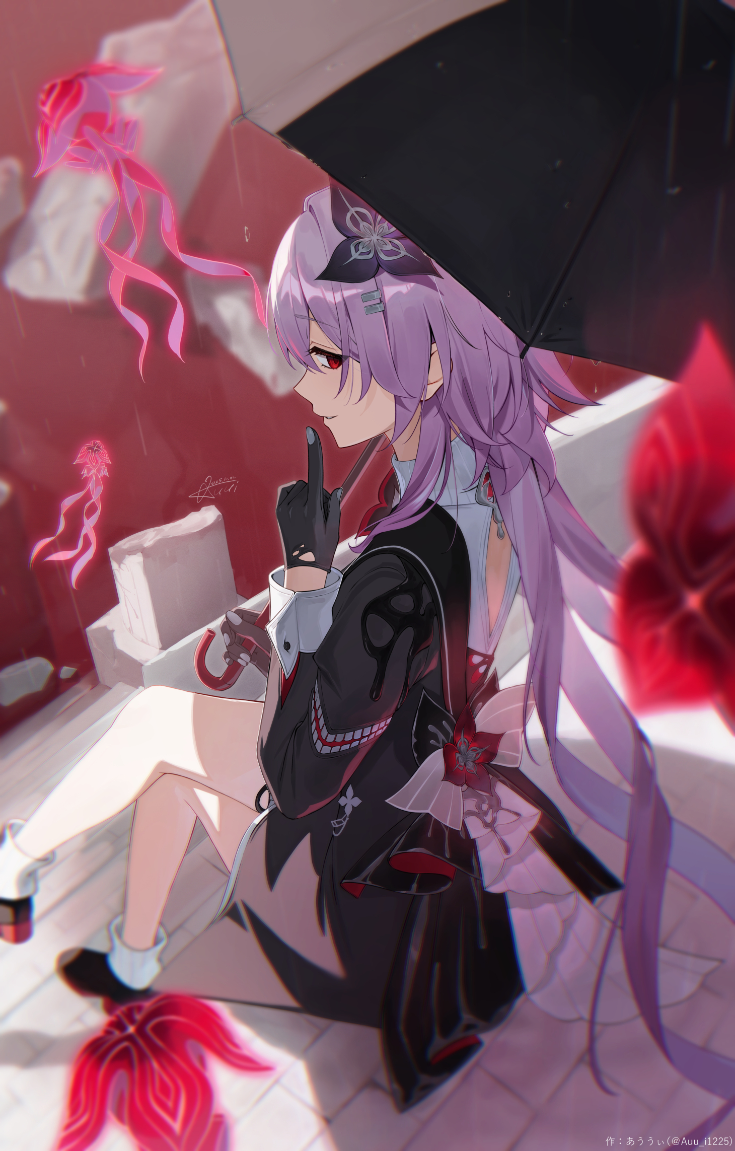 auui, evernight (honkai: star rail), march 7th (honkai: star rail), honkai: star rail, honkai (series), highres, 1girl, black dress, black gloves, clothing cutout, crossed legs, dress, evey (honkai: star rail), finger to mouth, flower, from behind, gem, gloves, hair ornament, hairclip, holding, holding umbrella, long hair, parallel hairclips, pink hair, red eyes, red gemstone, shushing, sitting, solo focus, stairs, umbrella, very long hair, water drop
