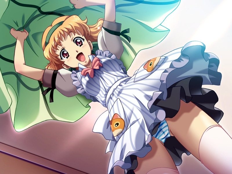 kimura takahiro, ano machi no koi no uta, game cg, source request, 1girl, blonde hair, cathead, female focus, from below, hairband, looking down, looking up, panties, pantyshot, red eyes, solo, striped clothes, striped panties, thighhighs, underwear, upskirt, waitress