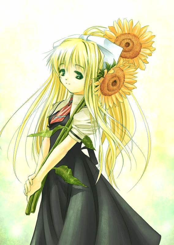 tom (1art.), kamio misuzu, air (visual novel), 00s, 1girl, blonde hair, bow, cross, female focus, flower, hair bow, long hair, ponytail, sidelocks, solo, sunflower, very long hair