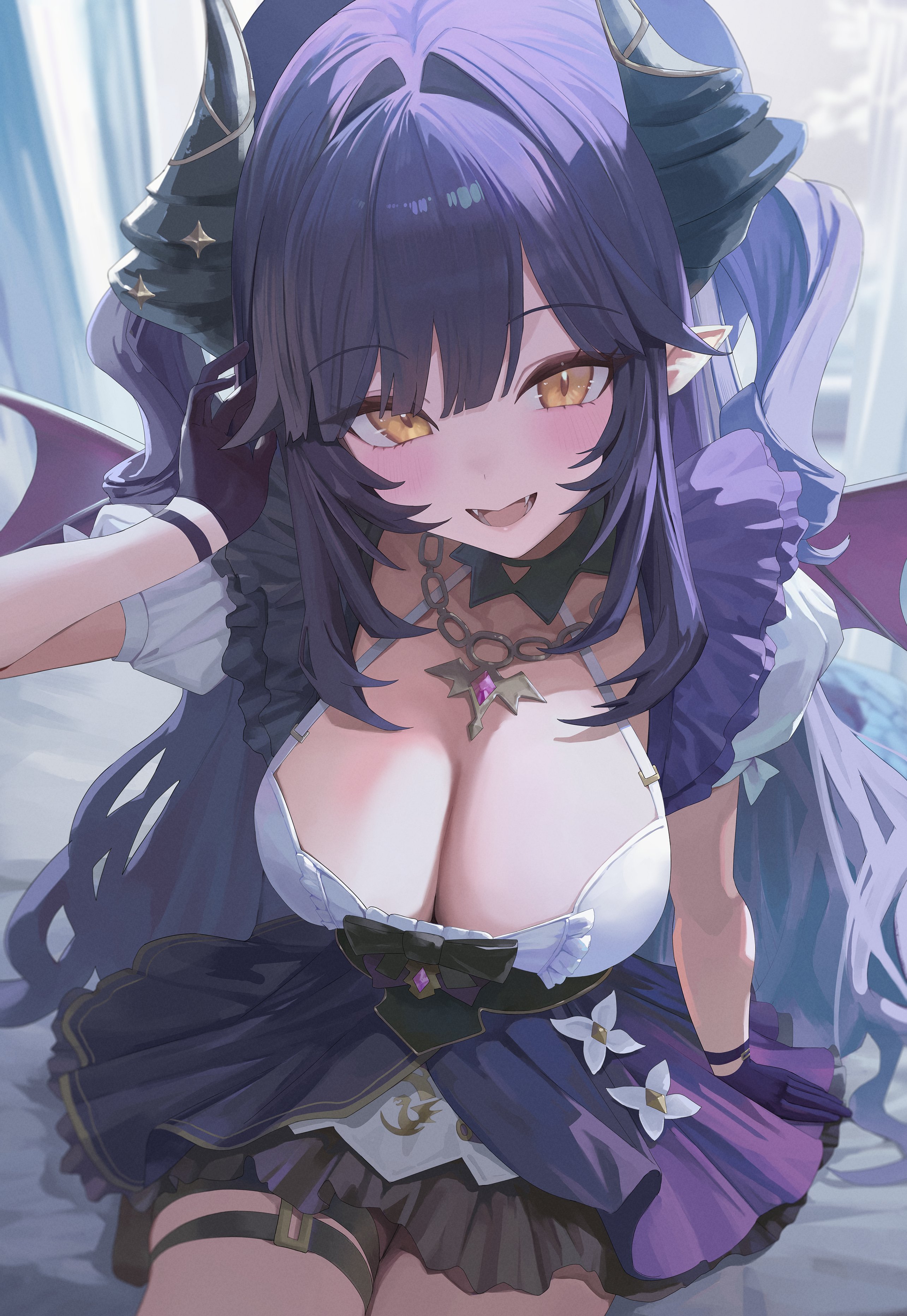 sunj000, sakihane huya, stellive, absurdres, commentary, hashtag-only commentary, highres, symbol-only commentary, 1girl, arm support, black bow, black horns, blush, bow, breasts, cleavage, dragon girl, dragon horns, dragon wings, fangs, frilled shirt, frills, gem, gloves, gold trim, hair between eyes, hair intakes, hand in own hair, hand up, horns, indoors, jewelry, large breasts, long hair, looking at viewer, necklace, open mouth, purple gemstone, purple gloves, purple hair, purple skirt, shirt, shirt bow, short sleeves, sidelocks, sitting, skirt, slit pupils, smile, solo, star (symbol), teeth, thigh strap, thighs, two side up, very long hair, virtual youtuber, white shirt, window, wings, yellow eyes
