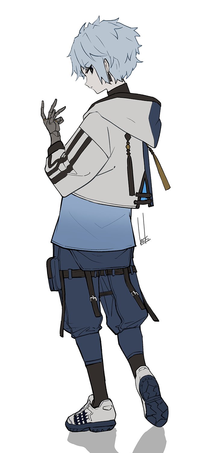 lack, fate/grand order, fate (series), highres, 1boy, black eyes, grey hair, hood, hoodie, looking back, prosthesis, prosthetic arm, shirt, shoes, short hair, toudou heisuke (fate), white shirt, white shoes