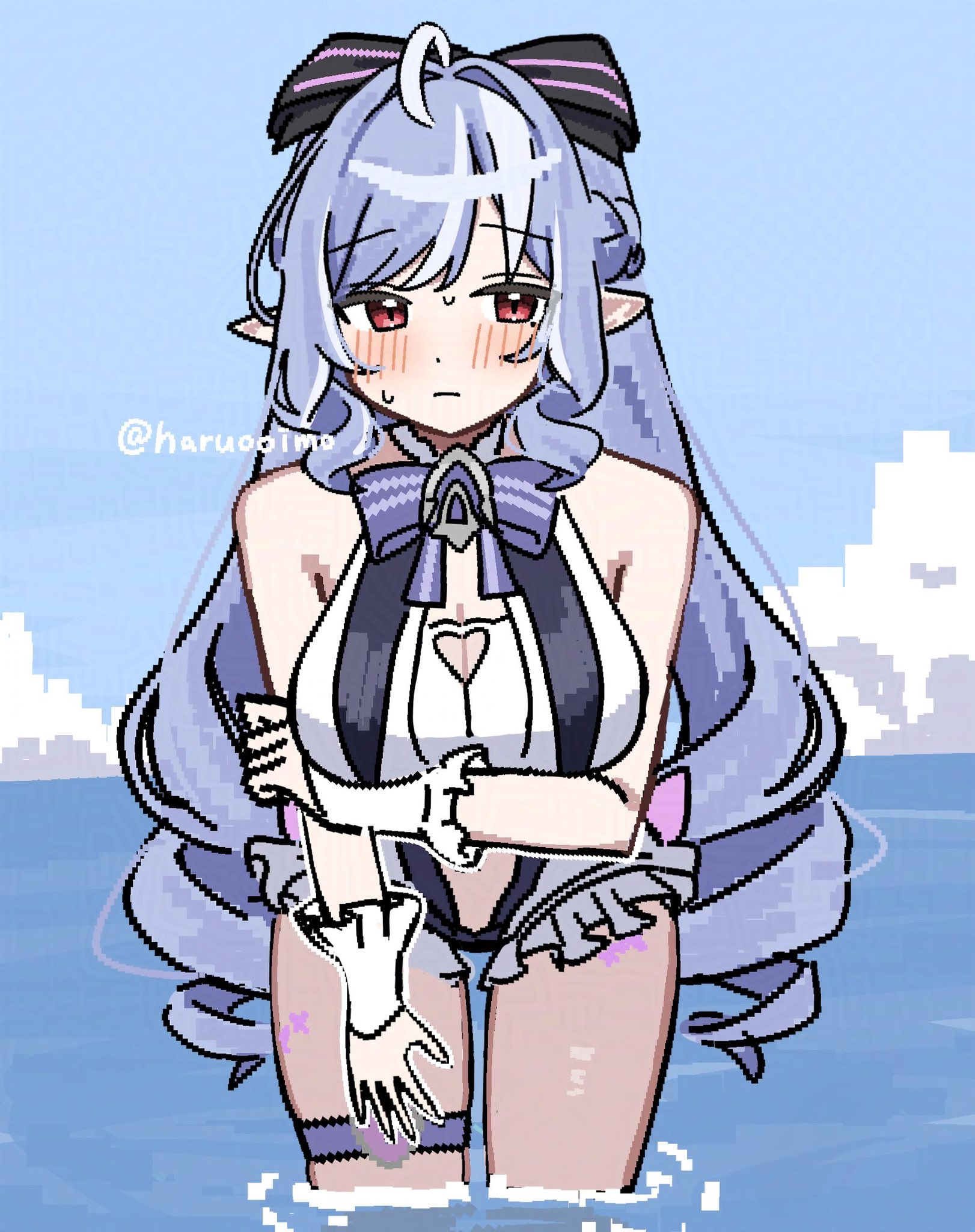 haruo (haruooimo), vivian banshee, vivian banshee (iris of the shore), zenless zone zero, highres, 1girl, animal print, arm under breasts, backless swimsuit, bare shoulders, black bow, blue sky, blush, bow, bowtie, breasts, butterfly print, cleavage, closed mouth, clothing cutout, cloud, dress swimsuit, drill hair, frilled one-piece swimsuit, frilled wrist cuffs, frills, hair bow, heart cutout, long hair, looking to the side, mole, mole under eye, ocean, one-piece swimsuit, pink one-piece swimsuit, pixelated, pointy ears, purple bow, purple bowtie, purple hair, sideboob cutout, sky, solo, standing, stomach cutout, sweat, swimsuit, thigh strap, twitter username, water, wrist cuffs