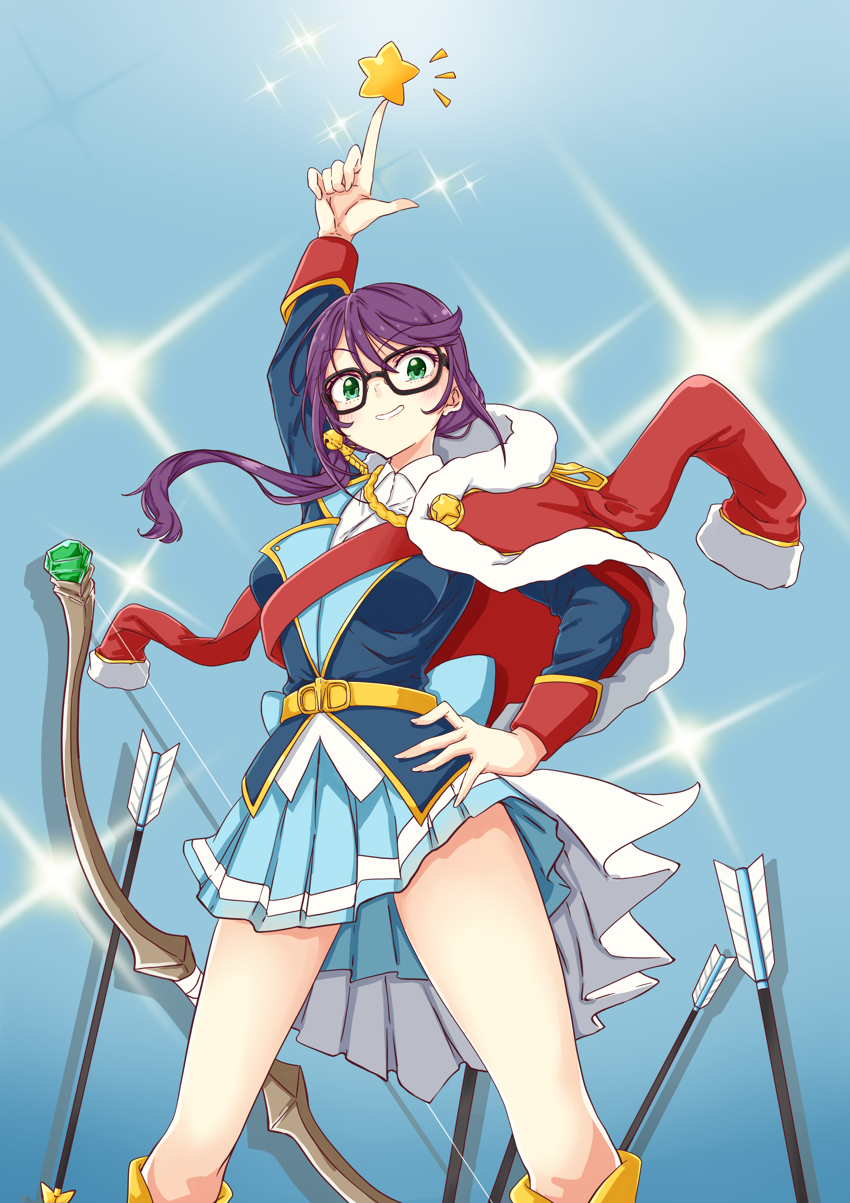 mono9ron, hoshimi junna, shoujo kageki revue starlight, absurdres, commentary request, highres, 1girl, arm up, arrow (projectile), bell, belt, black-framed eyewear, blue background, blue jacket, blue skirt, blush, boots, bow (weapon), collared shirt, feet out of frame, floating hair, fur-trimmed jacket, fur trim, glasses, gradient background, green eyes, grin, hair bell, hair between eyes, hair ornament, hand on own hip, index finger raised, jacket, jacket on shoulders, jingle bell, knee boots, legs apart, long hair, long sleeves, low side ponytail, miniskirt, outstretched arm, parted lips, planted, planted arrow, pleated skirt, purple hair, red jacket, shirt, single stripe, skirt, smile, solo, sparkle, standing, star (symbol), waist cape, weapon, white shirt, yellow belt, yellow boots