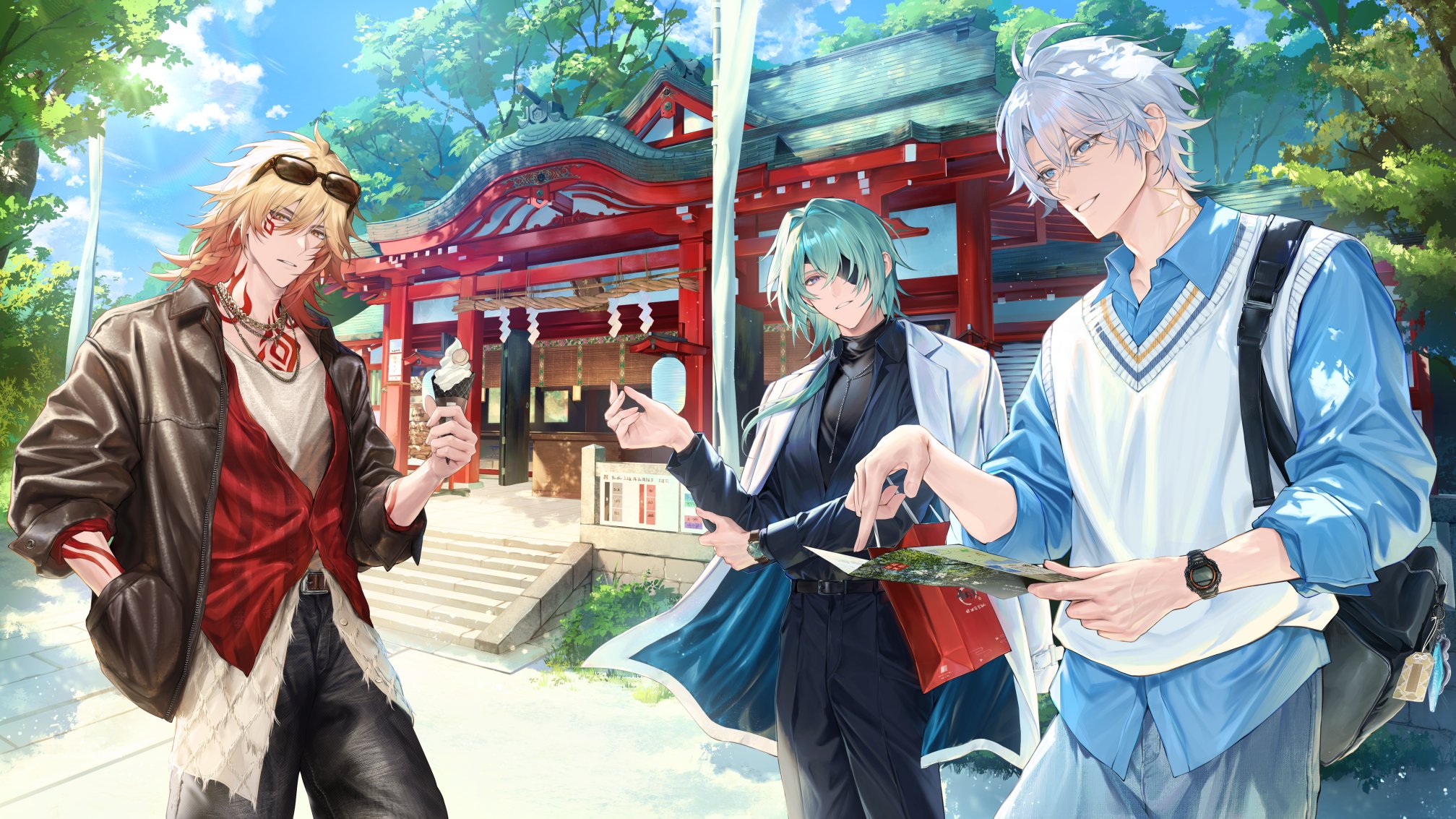 gumo (911tf5), anaxa (honkai: star rail), mydei (honkai: star rail), phainon (honkai: star rail), honkai: star rail, honkai (series), highres, translation request, 3boys, alternate costume, antenna hair, arm tattoo, belt, black belt, black pants, blonde hair, blue eyes, blue hair, braid, chest tattoo, eyepatch, facial tattoo, food, green hair, hair between eyes, hand in pocket, holding, holding food, holding map, jacket, jewelry, long sleeves, looking at viewer, male focus, map, multiple boys, necklace, orange hair, pants, red tattoo, shirt tucked in, side braid, sunglasses, tattoo, teeth, watch, wristwatch