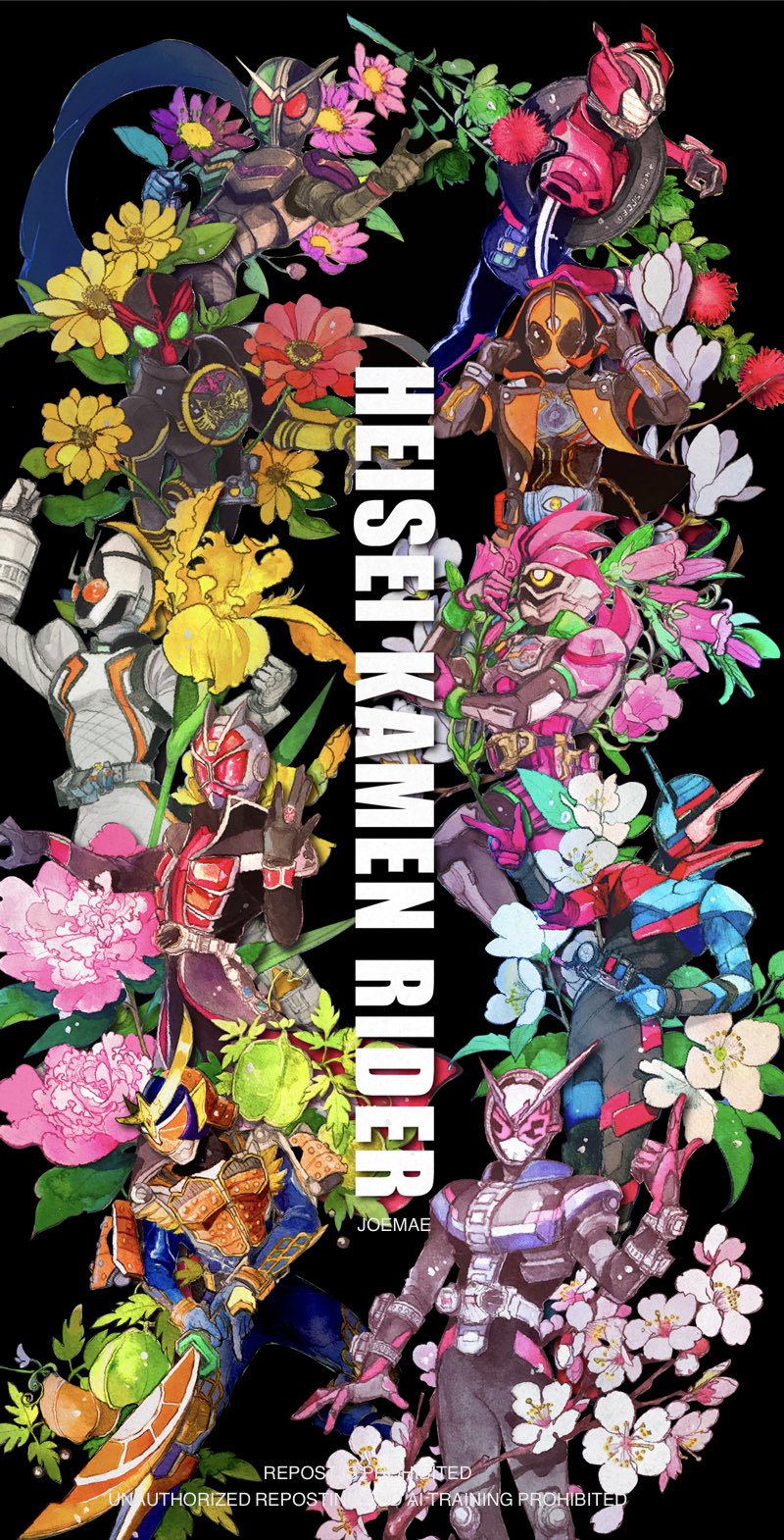 jo mawe, kamen rider build, kamen rider drive, kamen rider ex-aid, kamen rider fourze, kamen rider gaim, kamen rider ghost, kamen rider ooo, kamen rider wizard, kamen rider zi-o, kamen rider, kamen rider build (series), kamen rider drive (series), kamen rider ex-aid (series), kamen rider fourze (series), kamen rider gaim (series), kamen rider ghost (series), kamen rider ooo (series), kamen rider wizard (series), kamen rider zi-o (series), highres, 6+boys, armor, black background, black bodysuit, black helmet, blue armor, blue bodysuit, blue eyes, blue helmet, bodysuit, flower, green eyes, green helmet, group picture, heisei, helmet, heterochromia, holding, holding sword, holding weapon, hood, hood up, in-franchise crossover, male focus, multiple boys, orange eyes, orange helmet, red armor, red eyes, red helmet, simple background, sword, tokusatsu, weapon, white bodysuit, white helmet
