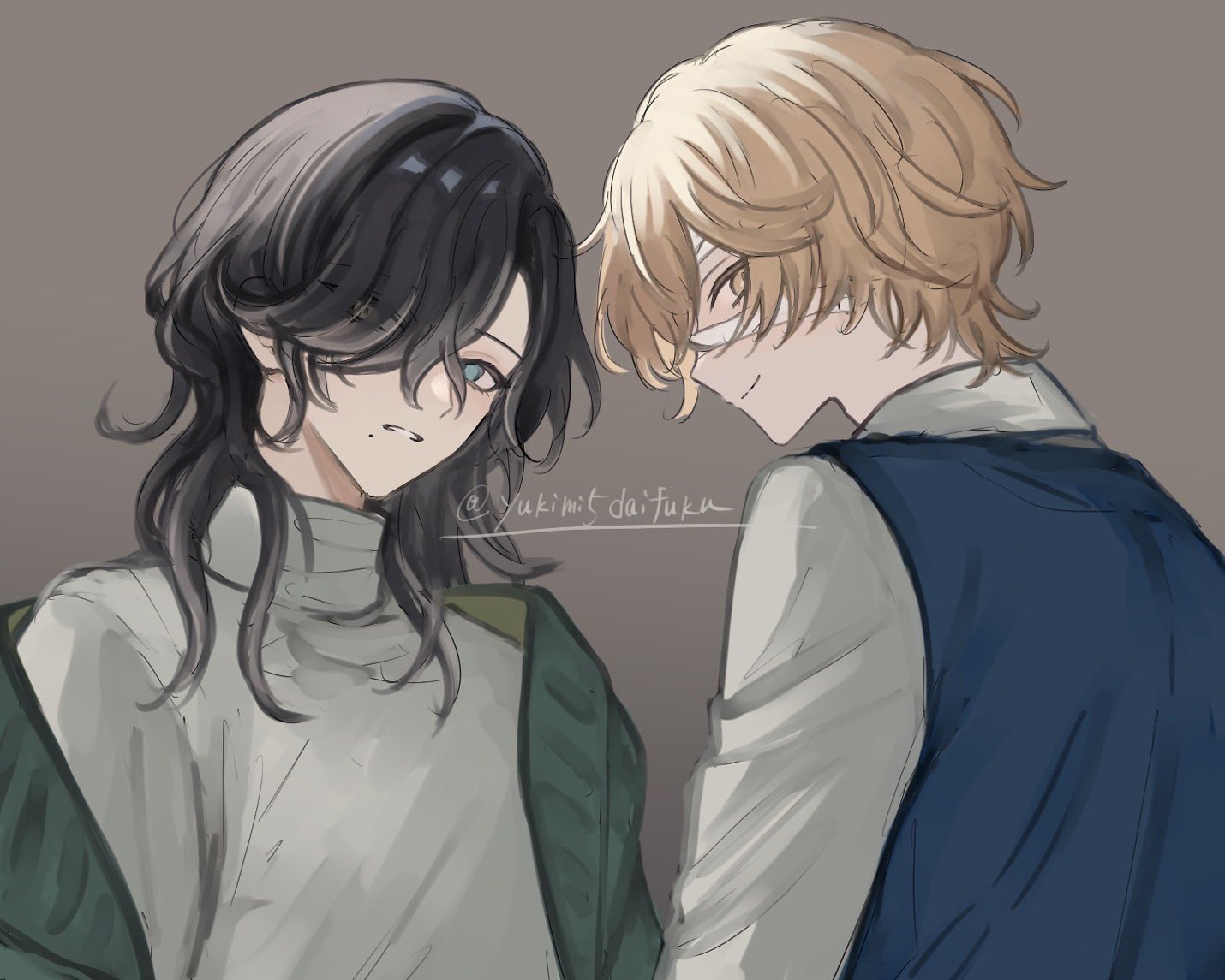 yukimi5daifuku, florian brand, identity v, commentary request, 2boys, adapted costume, artist name, bandage over one eye, black hair, blonde hair, blue vest, casual, closed mouth, coat, eyes visible through hair, green coat, green eyes, grey background, hair over one eye, heterochromia, looking at viewer, male focus, medium hair, mole, mole under mouth, multiple boys, parted lips, richard sterling, shirt, short hair, signature, simple background, single off shoulder, smile, turtleneck, upper body, vest, wavy hair, white shirt, yellow eyes