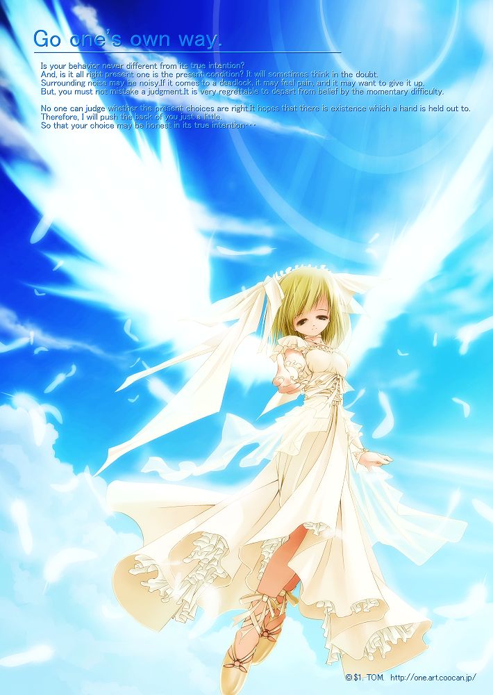 tom (1art.), original, 1girl, ballet slippers, blonde hair, cloud, dress, english text, engrish text, feathers, female focus, footwear ribbon, hair ribbon, lens flare, ranguage, ribbon, sky, solo, wings