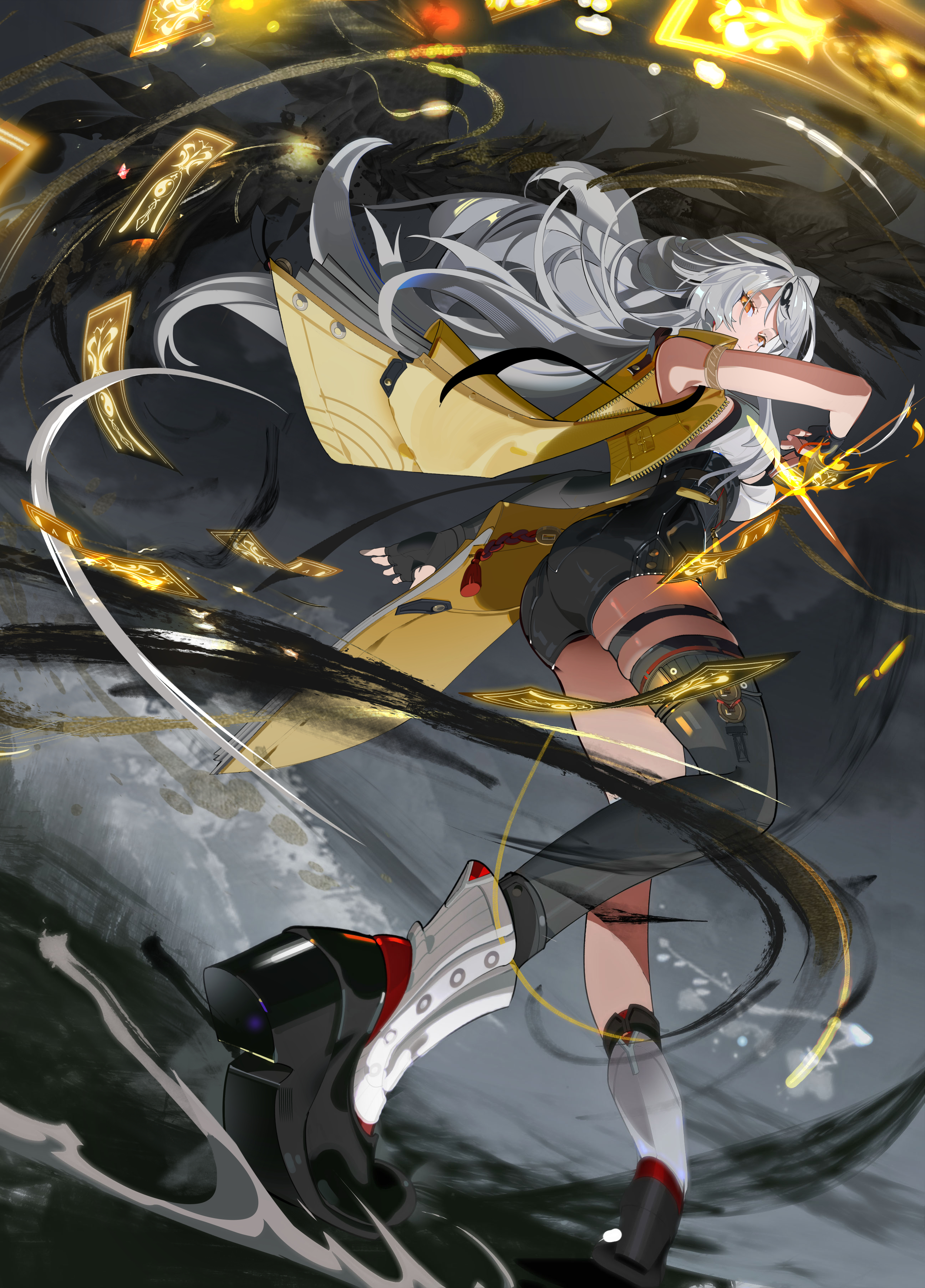 daymera, yixuan (zenless zone zero), zenless zone zero, absurdres, commentary, highres, 1girl, armlet, ass, bare shoulders, black gloves, black shorts, breasts, closed mouth, full body, gloves, grey hair, hair ornament, high-waist shorts, jacket, jewelry, large breasts, long hair, looking at viewer, ofuda, orange eyes, shorts, solo, thigh strap, thighs, yellow jacket
