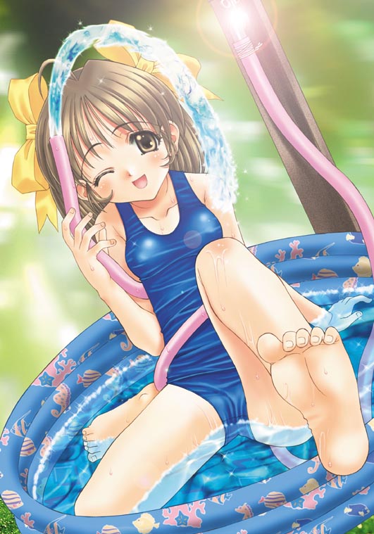 saitou tsukasa, 1girl, :d, brown eyes, brown hair, feet, female focus, foot focus, hose, long hair, looking at viewer, one-piece swimsuit, one eye closed, open mouth, school swimsuit, sitting, smile, solo, swimsuit, wading pool, wink