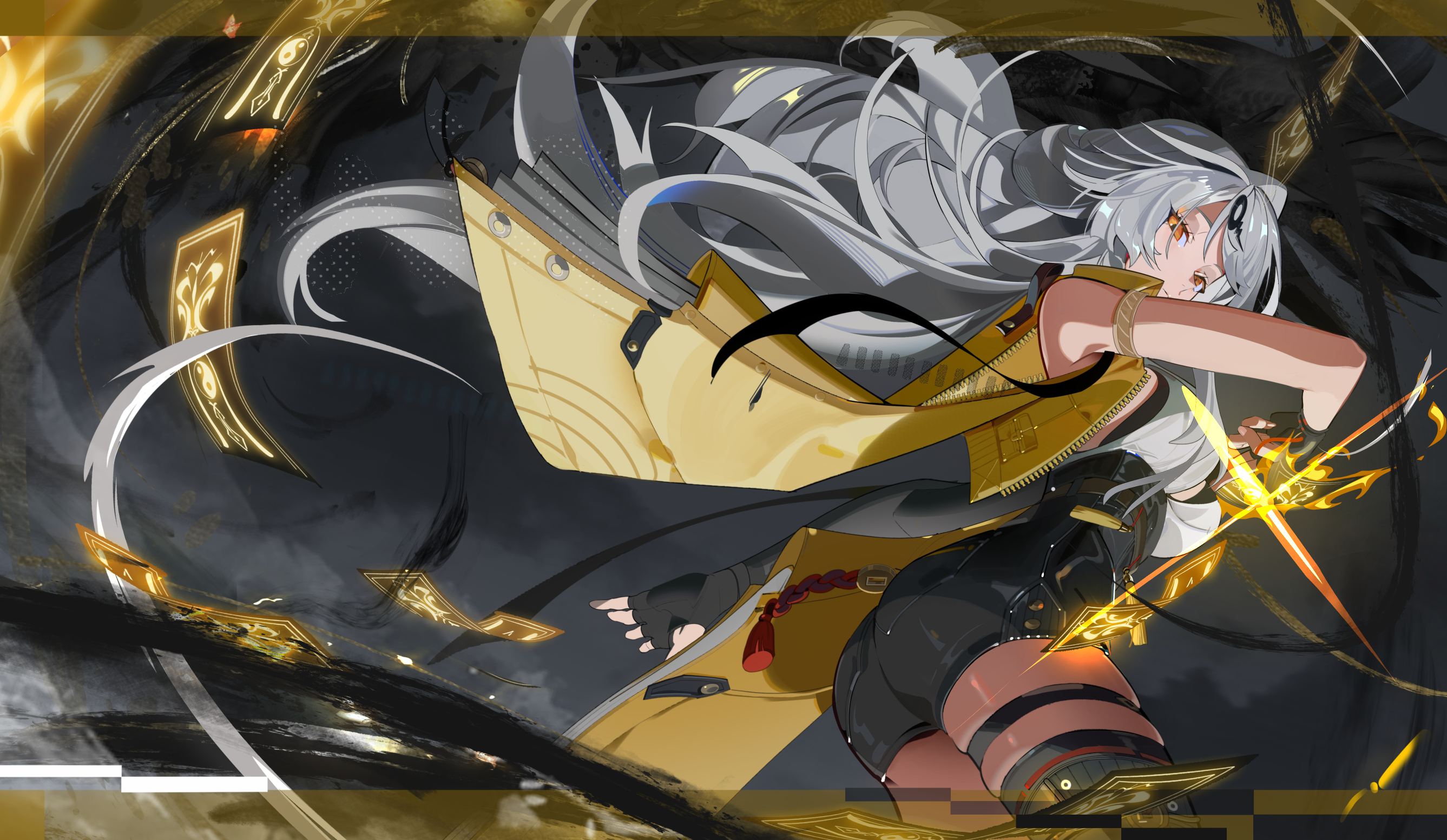daymera, yixuan (zenless zone zero), zenless zone zero, commentary, highres, 1girl, armlet, ass, bare shoulders, black gloves, black shorts, breasts, closed mouth, gloves, grey hair, hair ornament, high-waist shorts, jacket, jewelry, large breasts, long hair, looking at viewer, ofuda, orange eyes, shorts, solo, thigh strap, thighs, yellow jacket