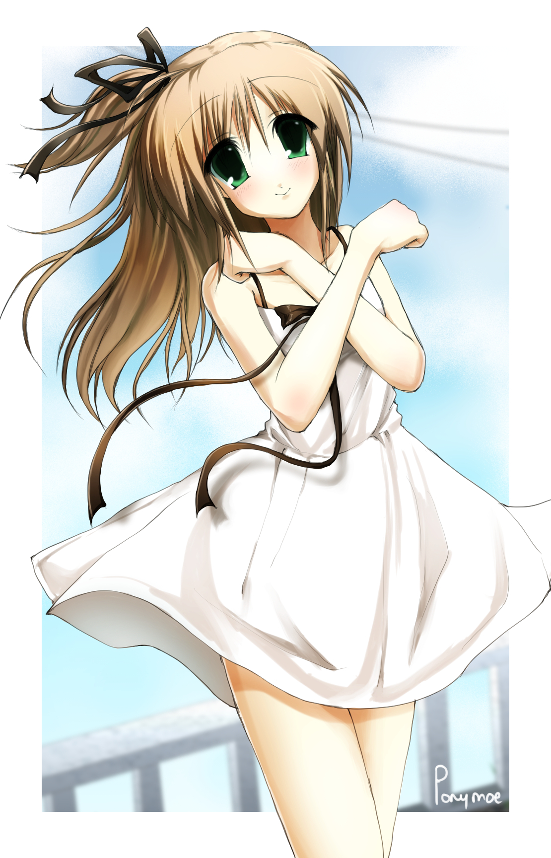 ponymoe, tabitha, highres, 1girl, 2000s (style), bow, closed mouth, dress, faux retro artstyle, green eyes, long hair, marley (tabitha), ribbon, side ponytail, smile, solo, standing, white dress