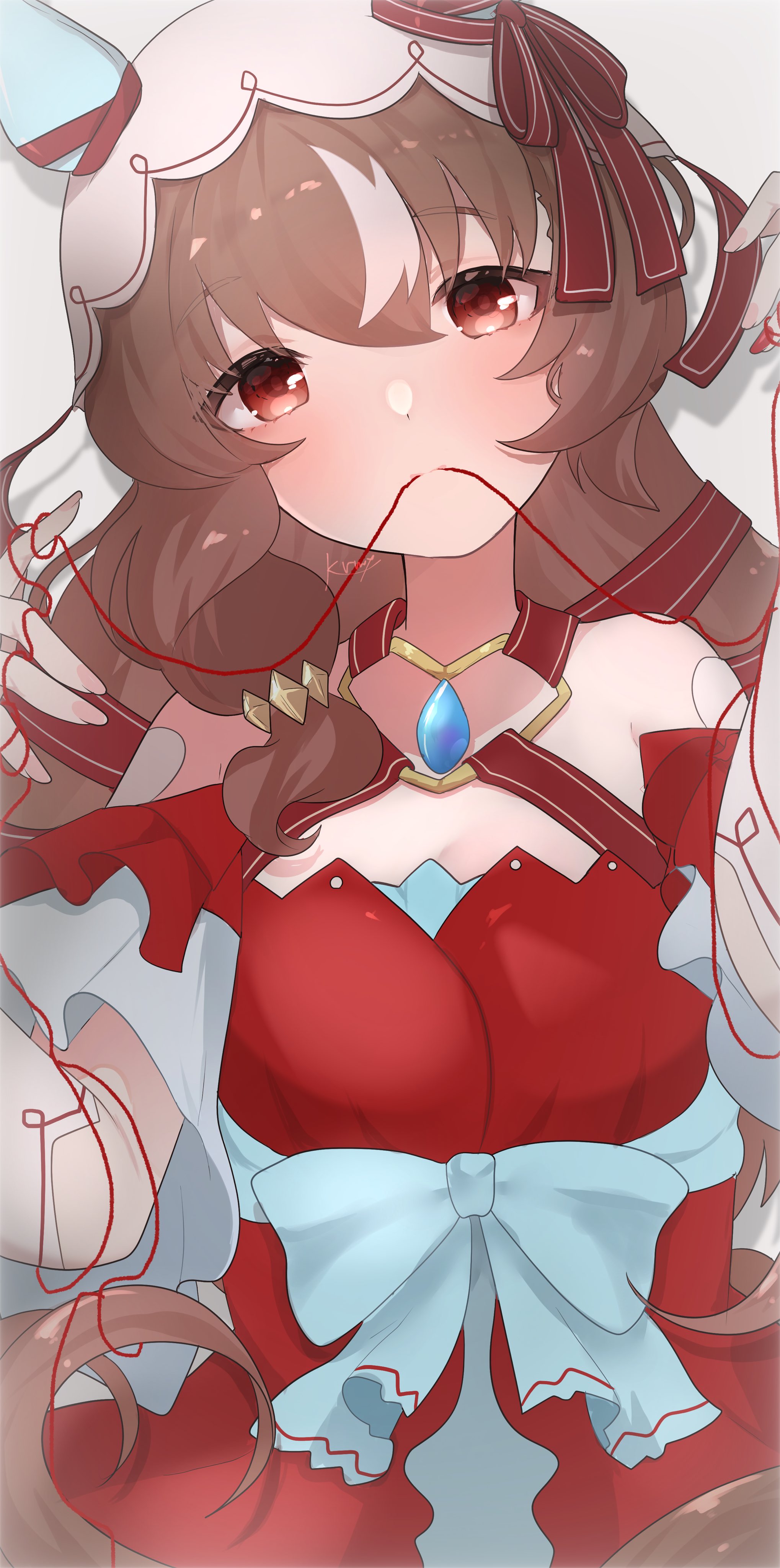 kurumiya (krmy p), still in love (scarlet vow raiment) (umamusume), still in love (umamusume), umamusume, absurdres, commentary request, highres, 1girl, animal ears, breasts, brown hair, chest jewel, cleavage, collarbone, detached sleeves, hair between eyes, hair ornament, horse girl, looking at viewer, red eyes, signature, small breasts, solo, string, string of fate, white background