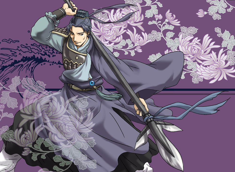 kantai (juuni kokuki), juuni kokuki, 1boy, chrysanthemum, flower, male focus, polearm, solo, spear, tassel, weapon