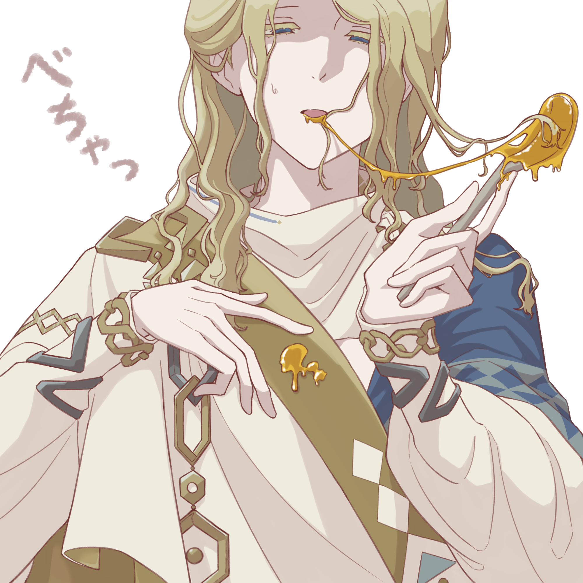 6 (reverse:1999), reverse:1999, highres, 1boy, ancient greek clothes, blonde hair, blue eyes, food in mouth, greco-roman clothes, hands up, himation, holding, holding spoon, honey, long hair, male focus, masei shibou, solo, spoon, upper body