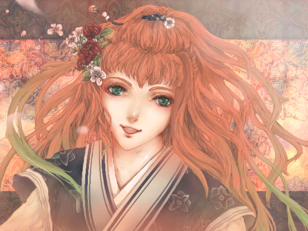 ras, nakajima youko, juuni kokuki, bad id, chinese clothes, dress, flower, hanfu, long hair, red hair, solo