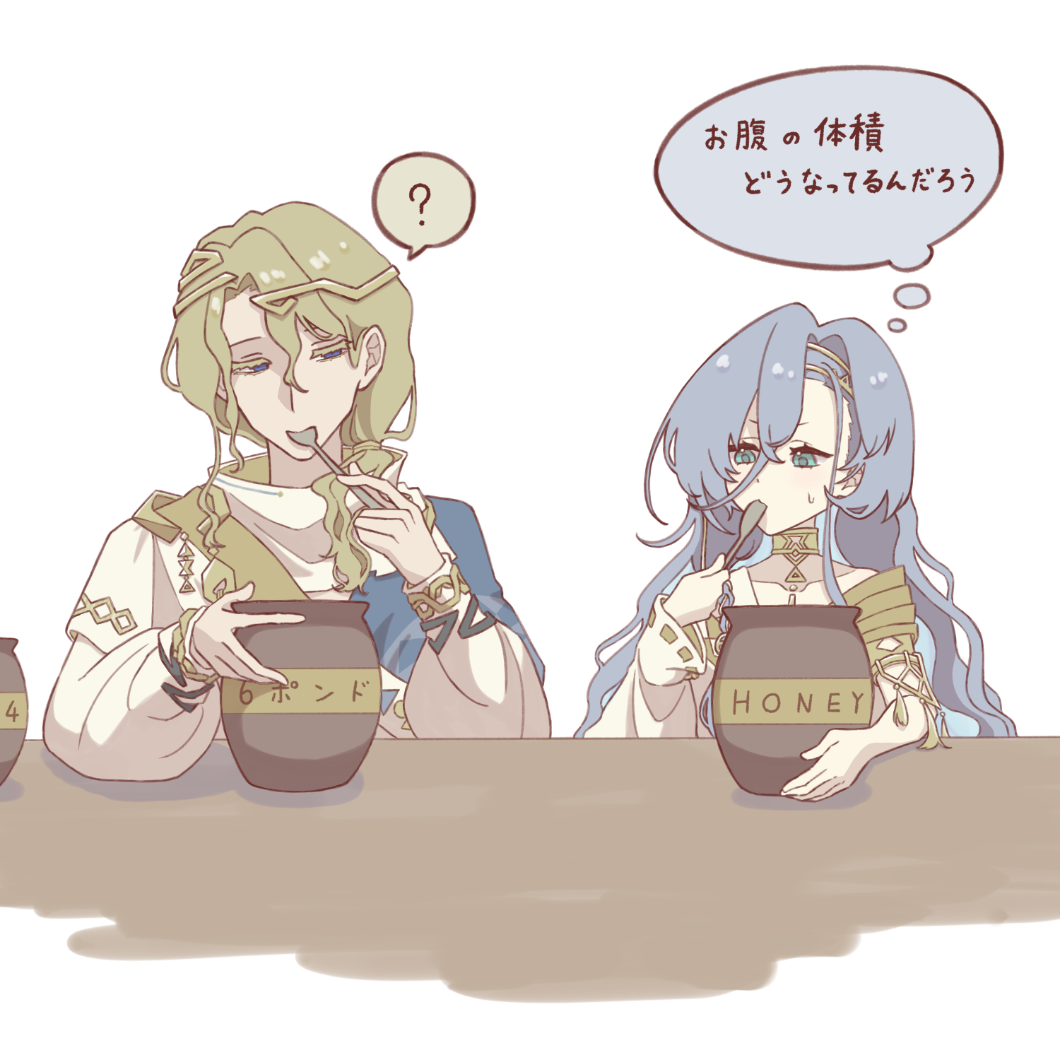 37 (reverse:1999), 6 (reverse:1999), reverse:1999, highres, translation request, 1boy, 1girl, ?, ancient greek clothes, blonde hair, blue eyes, eating, gold choker, greco-roman clothes, himation, holding, holding spoon, honeypot, long hair, masei shibou, speech bubble, spoken question mark, spoon, sweat, thought bubble, toga, upper body, utensil in mouth, very long hair