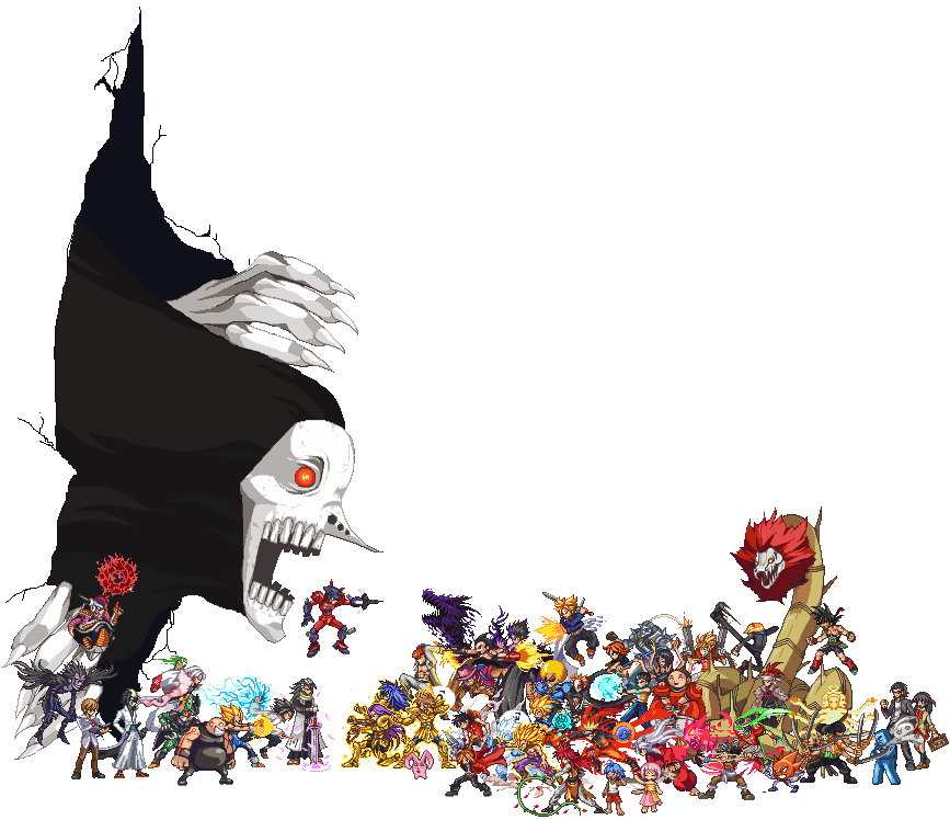 genzo himawari, 1st form frieza, abarai renji, alphonse elric, aries muu, atlas (tetsuwan atom), atom (tetsuwan atom), bardock, bobobo-bo bo-bobo (character), cell (dragon ball), don patch, edward elric, frieza, gluttony (fma), gotenks, greed (fma), guu (jungle wa itsumo), hare (jungle wa itsumo), harima kenji, hiei, hiruma youichi, inuyasha (character), jelly jiggler, kuchiki byakuya, kurama (yu yu hakusho), kurita ryoukan, kurosaki ichigo, kuwabara kazuma, leo aiolia, majin vegeta, menos grande, monkey d. luffy, nami (one piece), nami (one piece) (enies lobby), nico robin, nico robin (water 7), perfect cell, pokute, puchiko, roronoa zoro, ryuk, sanji (one piece), scorpio milo, son gohan, son goku, tokoro tennosuke, tony tony chopper, trunks (dragon ball), trunks (future) (dragon ball), tsukamoto tenma, ulquiorra cifer, urameshi yusuke, usopp, uzumaki naruto, vegeta, yagami light, bleach, bobobo-bo bo-bobo, death note, dragon ball, dragonball z, fullmetal alchemist, inuyasha, jungle wa itsumo hare nochi guu, kodansha, naruto (classic), naruto (series), one piece, saint seiya, school rumble, shounen jump, tetsuwan atom, yuu yuu hakusho, annotated, annotation request, 00s, 4girls, 6+boys, armor, arrancar, bankai, black hair, blonde hair, child, clima-tact, crossover, dragon of the darkness flame, everyone, extra arms, gold armor, gold saint, hana hana no mi, haori, hihiou zabimaru (bankai), hollow (bleach), japanese clothes, multiple boys, multiple crossover, multiple girls, multiple wielding, number tattoo, pixel art, rice, saiyan, senbonzakura (shikai), shikai, short hair, sprite art, super saiyan, taichou haori, tattoo, transparent background