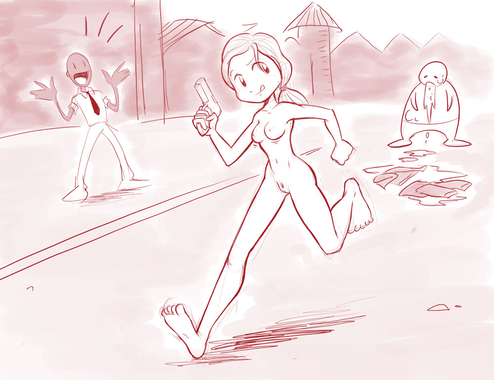 josue pereira, boomer (left4dead), louis (left4dead), zoey (left4dead), left 4 dead, left 4 dead 1, 1boy, 1girl, bald, barefoot, breasts, feet, gun, legs, meme, monochrome, navel, necktie, nude, ponytail, public indecency, public nudity, pussy, running, sketch, small breasts, streaking, tongue, uncensored, weapon, zenra, zombie