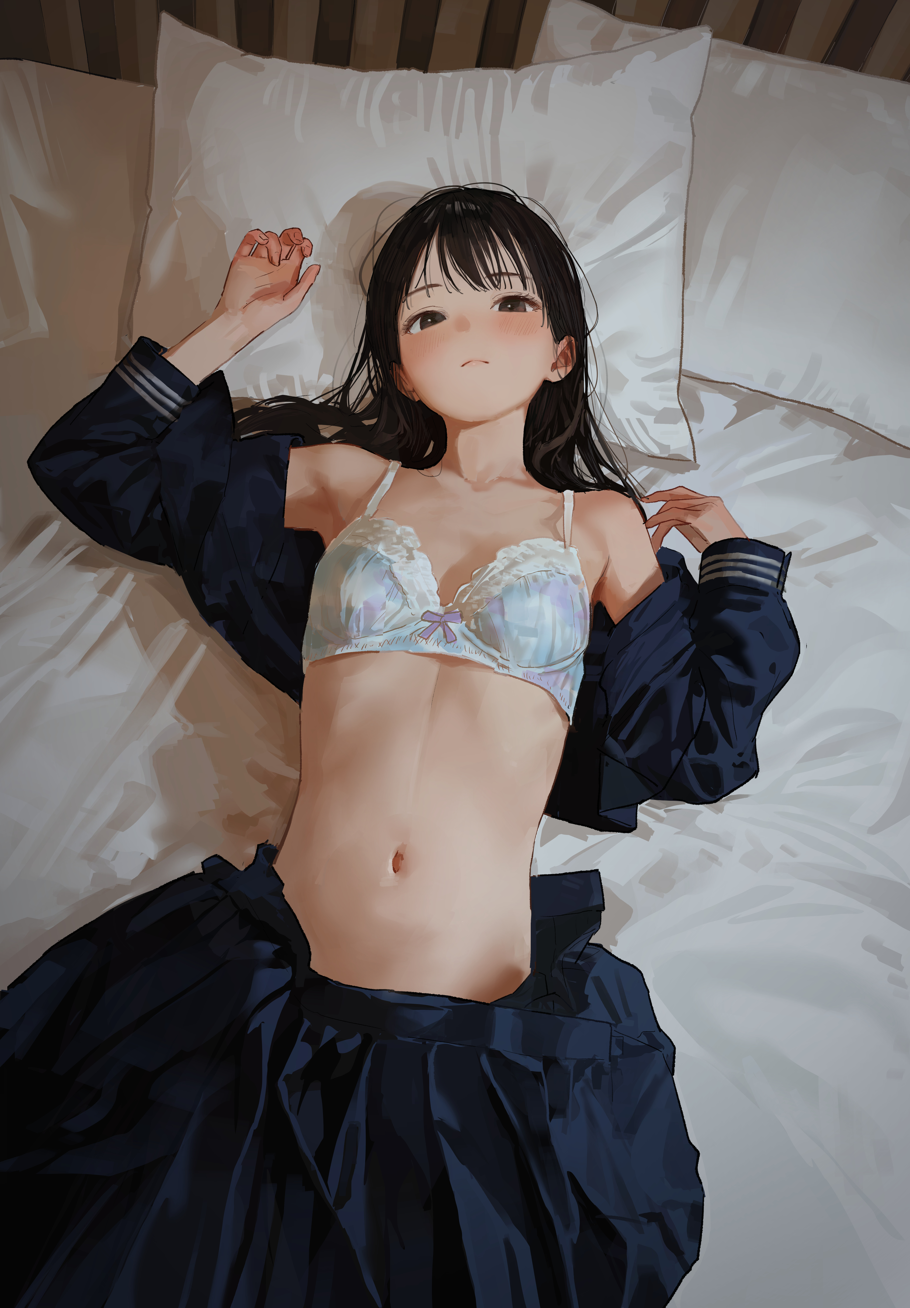 akipeko, original, absurdres, commentary request, highres, 1girl, armpits, bed sheet, black hair, black serafuku, blush, bra, breasts, collarbone, hair spread out, indoors, looking at viewer, lying, navel, on back, open clothes, open shirt, open skirt, pleated skirt, ribbon-trimmed bra, ribbon trim, school uniform, serafuku, skirt, small breasts, solo, stomach, underwear