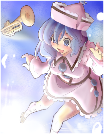 merlin prismriver, touhou, lowres, 1girl, :d, blue eyes, blue hair, female focus, hat, instrument, matching hair/eyes, open mouth, skirt, sky, smile, solo, trumpet