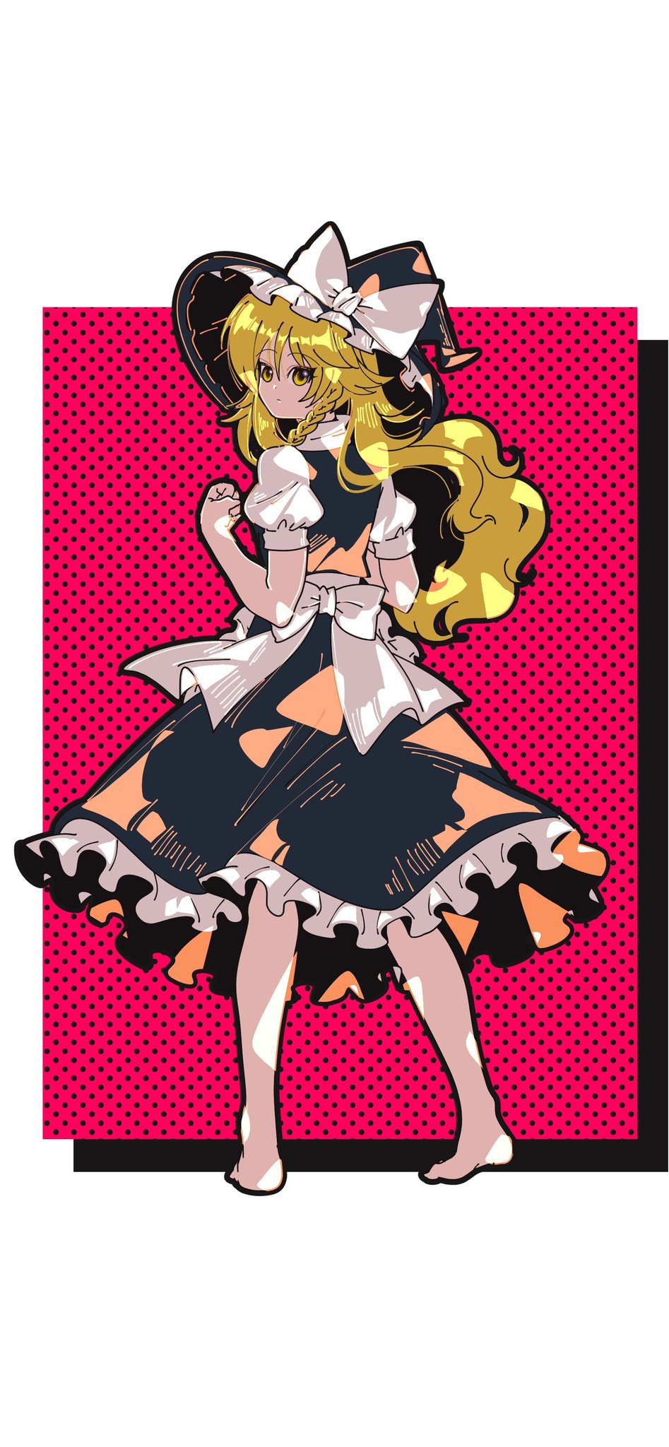 shizuku hky, kirisame marisa, touhou, commentary, highres, 1girl, back bow, barefoot, black hat, black skirt, blonde hair, bow, frilled skirt, frills, from behind, full body, hat, long hair, looking back, pink background, polka dot, polka dot background, puffy short sleeves, puffy sleeves, short sleeves, skirt, solo, white bow, witch hat, yellow eyes