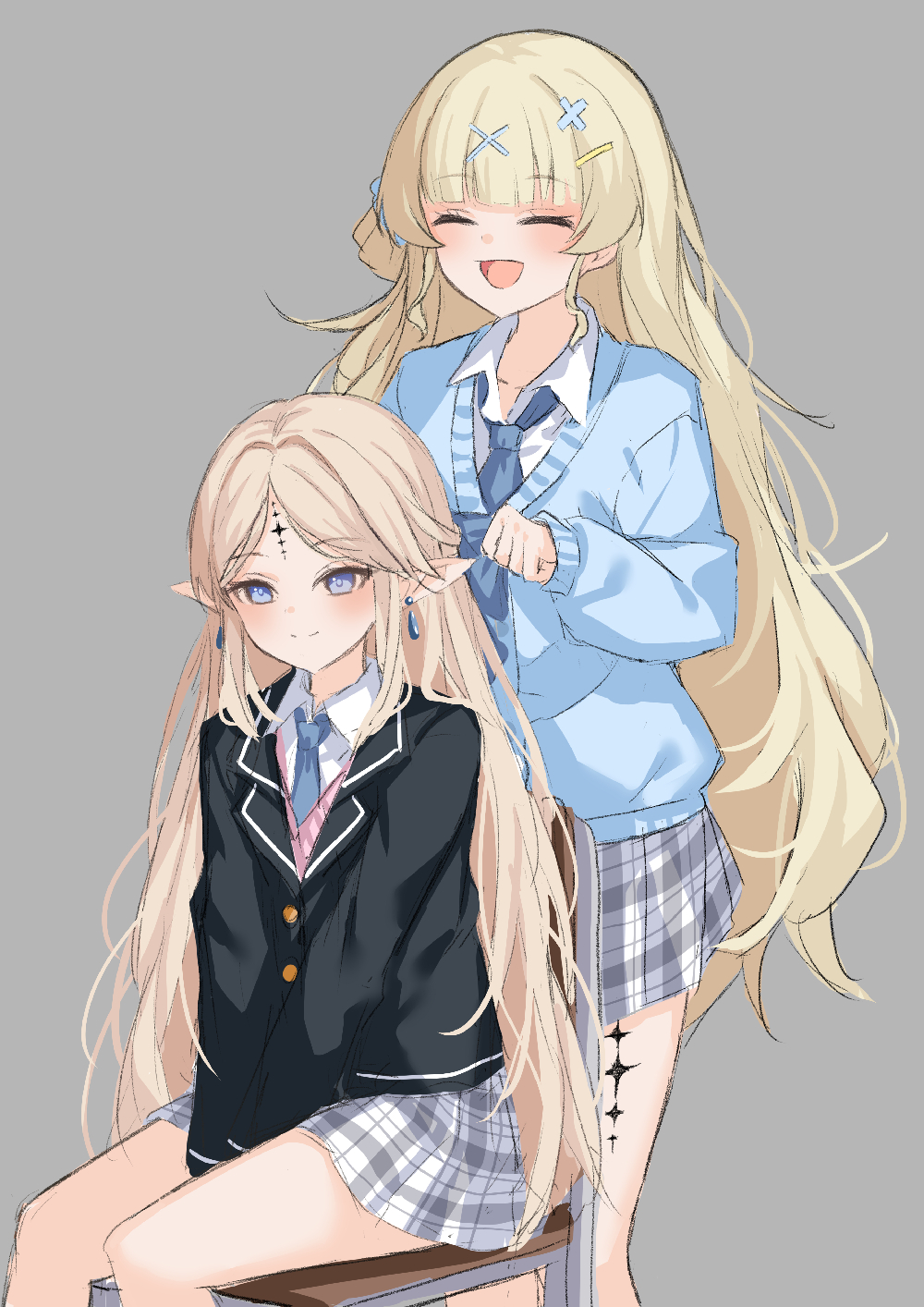 kuramoto beta-carotene, cartethyia (wuthering waves), phoebe (wuthering waves), wuthering waves, commentary request, highres, 2girls, :d, alternate costume, black jacket, blonde hair, blue bow, blue eyes, blue necktie, blue sweater, blush, bow, chair, closed eyes, closed mouth, collared shirt, earrings, grey background, grey skirt, hair bow, hair ornament, jacket, jewelry, long hair, multiple girls, necktie, on chair, open mouth, parted bangs, pointy ears, school uniform, shirt, sidelocks, simple background, sitting, skirt, smile, standing, sweater, tacet mark (wuthering waves), tying, white shirt, x hair ornament