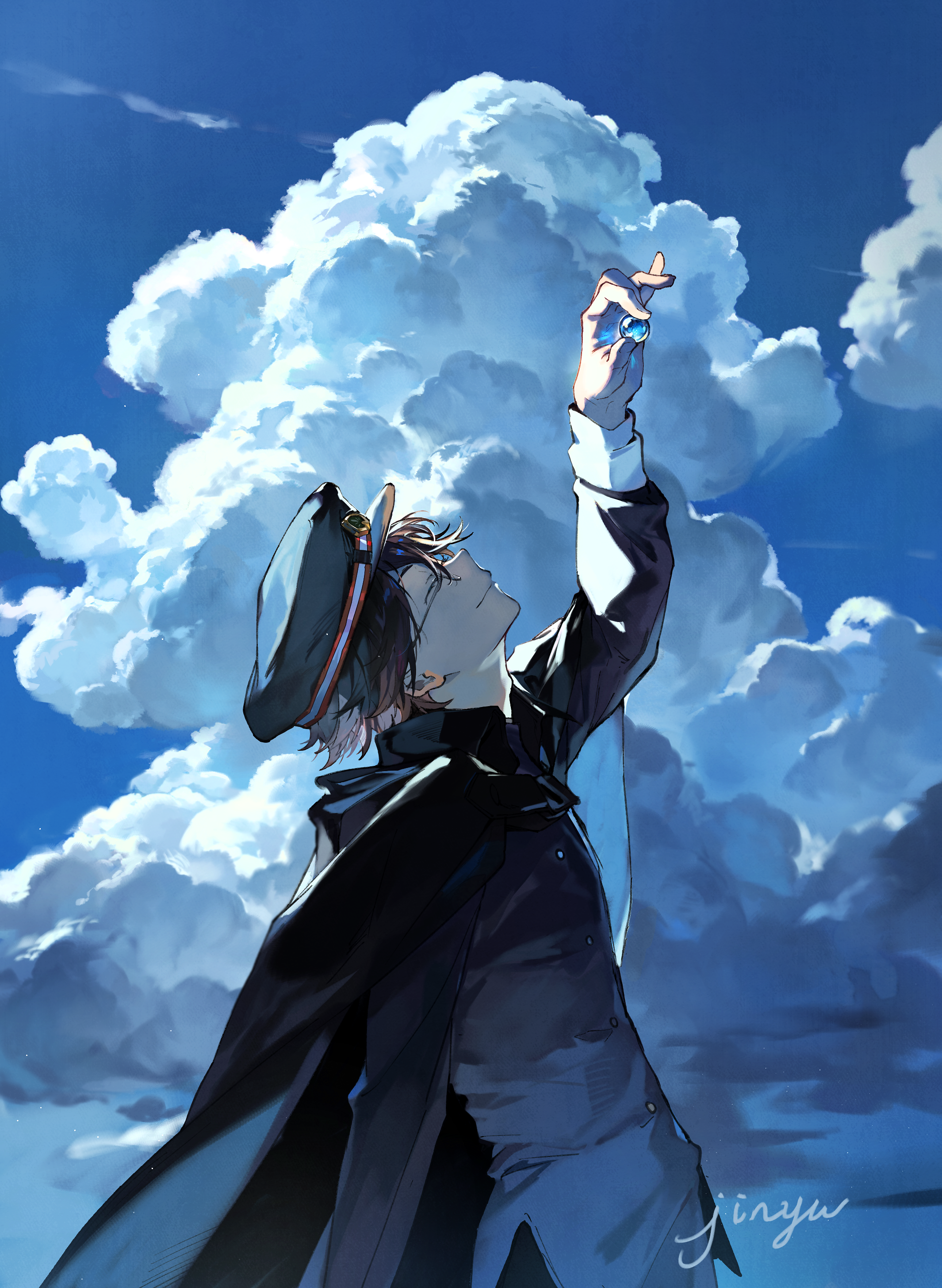 edogawa ranpo (bungou stray dogs), bungou stray dogs, absurdres, highres, 1boy, black hair, cape, closed eyes, cloud, cloudy sky, holding, looking at object, marble (toy), school uniform, shenmidexiaoxiaohao, shirt, sky, smile, white shirt