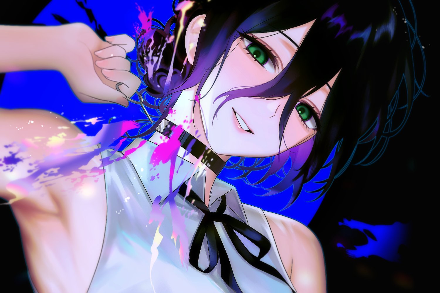 reze (chainsaw man), chainsaw man, commentary, 1girl, armpits, bare shoulders, black choker, black hair, black ribbon, choker, collared shirt, green eyes, grenade pin, hair between eyes, hair bun, hand up, long hair between eyes, looking at viewer, neck ribbon, parted lips, ribbon, shirt, short hair, sleeveless, sleeveless shirt, so seo, solo, upper body, white shirt