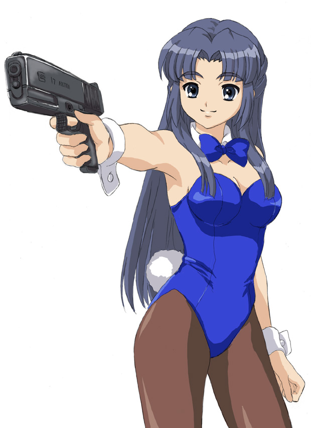 fujita (speedlimit), asakura ryoko, suzumiya haruhi no yuuutsu, 00s, 1girl, blue eyes, blue hair, bow, bowtie, brown pantyhose, female focus, gun, long hair, matching hair/eyes, pantyhose, playboy bunny, rabbit girl, rabbit tail, solo, tail, weapon, wrist cuffs