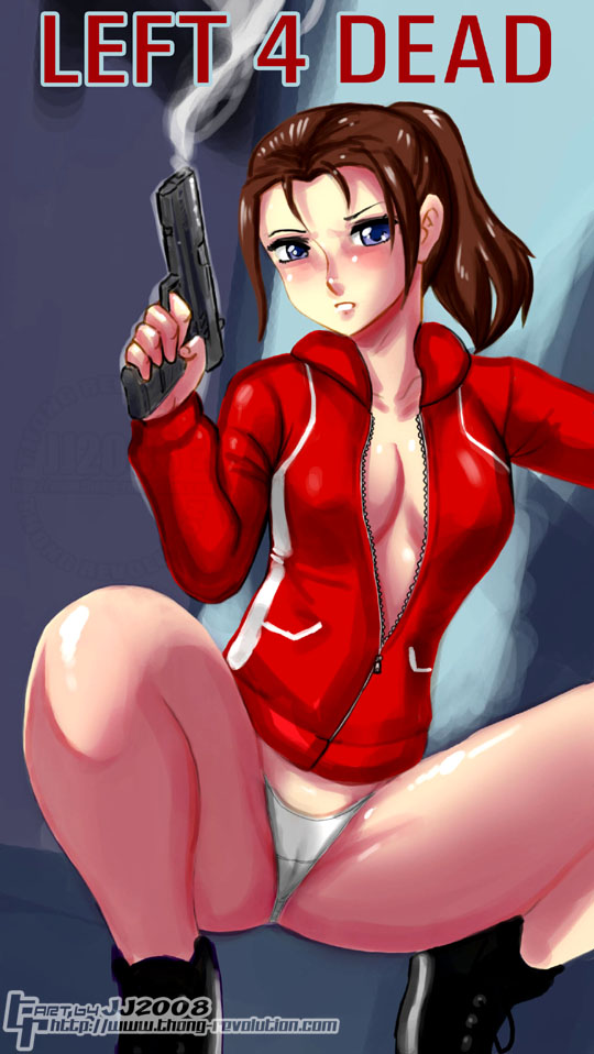 zoey (left4dead), left 4 dead, left 4 dead 1, 1girl, black hair, blue eyes, blush, breasts, brown hair, cameltoe, cleavage, female focus, gun, jacket, legs, no pants, open clothes, open shirt, panties, ponytail, shirt, smoke, solo, squatting, thighs, underwear, weapon, white panties