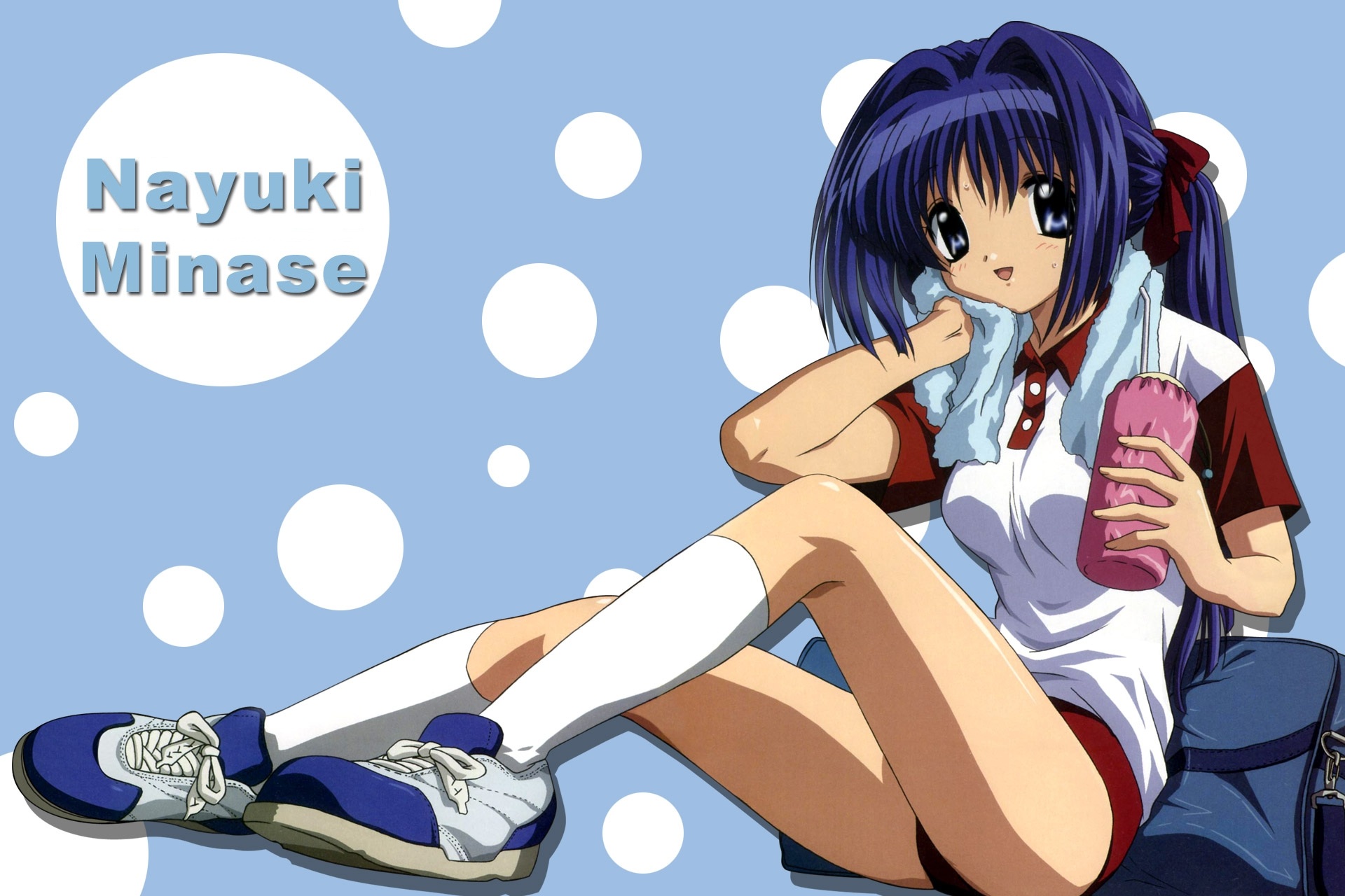 ikeda kazumi, minase nayuki, kanon, highres, official art, 1girl, blue eyes, blue hair, bottle, breasts, buruma, female focus, gym uniform, kneehighs, legs, long hair, looking at viewer, matching hair/eyes, ponytail, shoes, smile, sneakers, socks, solo, sweat, towel, water bottle