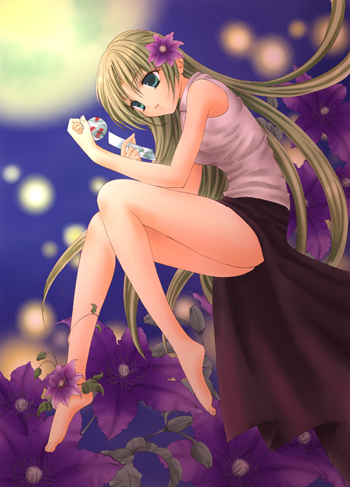 houjou yutori, sonozaki shion, higurashi no naku koro ni, lowres, non-web source, 00s, 1girl, bare legs, barefoot, female focus, flower, green eyes, green hair, hair flower, hair ornament, long hair, moon, sleeveless, solo, sparkle, wind chime