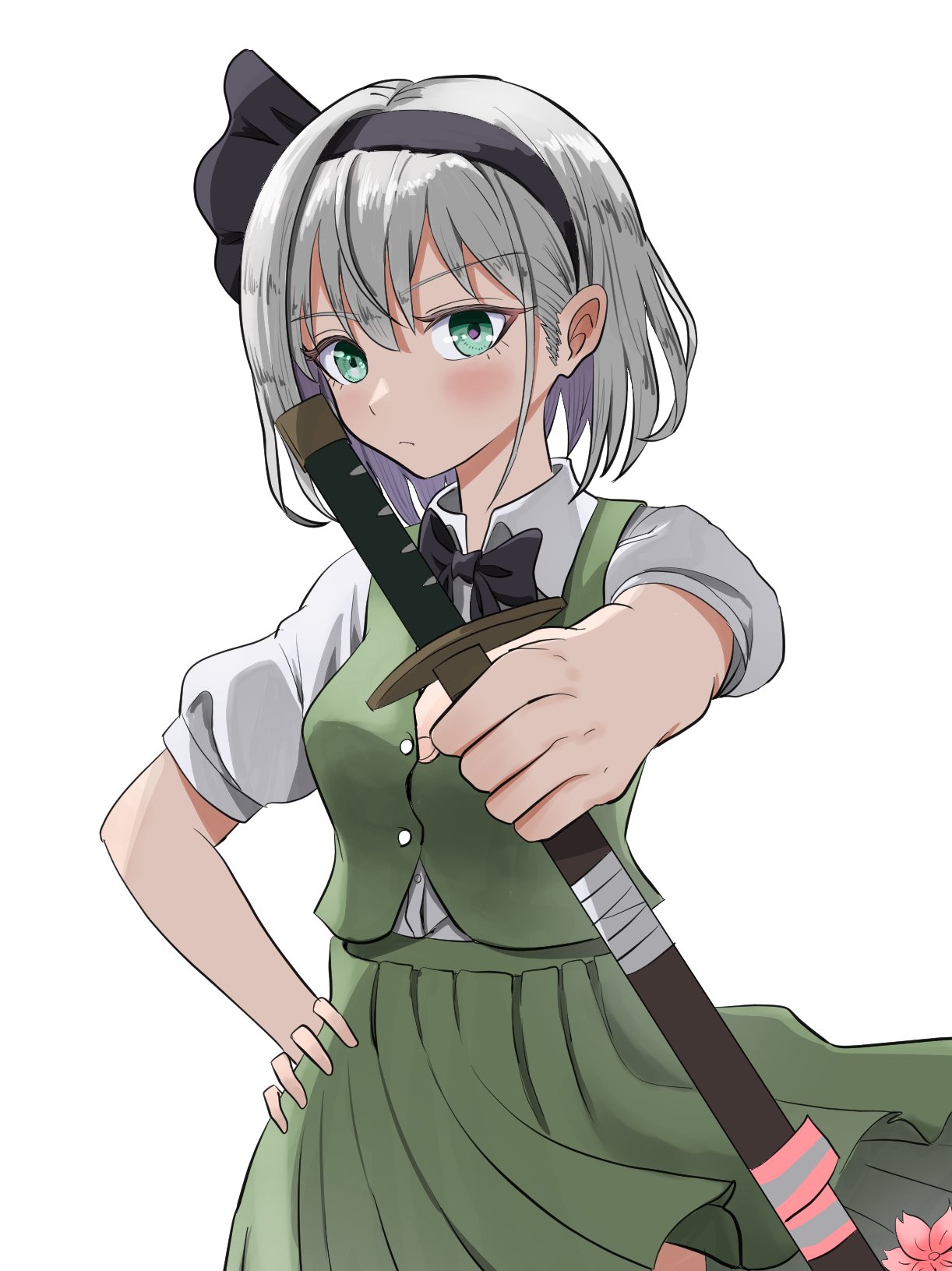 konpaku youmu, touhou, commentary, highres, 1girl, black bow, black bowtie, black hairband, bow, bow hairband, bowtie, expressionless, green eyes, green skirt, green vest, hairband, hand on own hip, holding, holding sword, holding weapon, kiyo (tomoki6107), looking at viewer, puffy short sleeves, puffy sleeves, sheath, sheathed, short hair, short sleeves, simple background, skirt, solo, sword, vest, weapon, white background, white hair