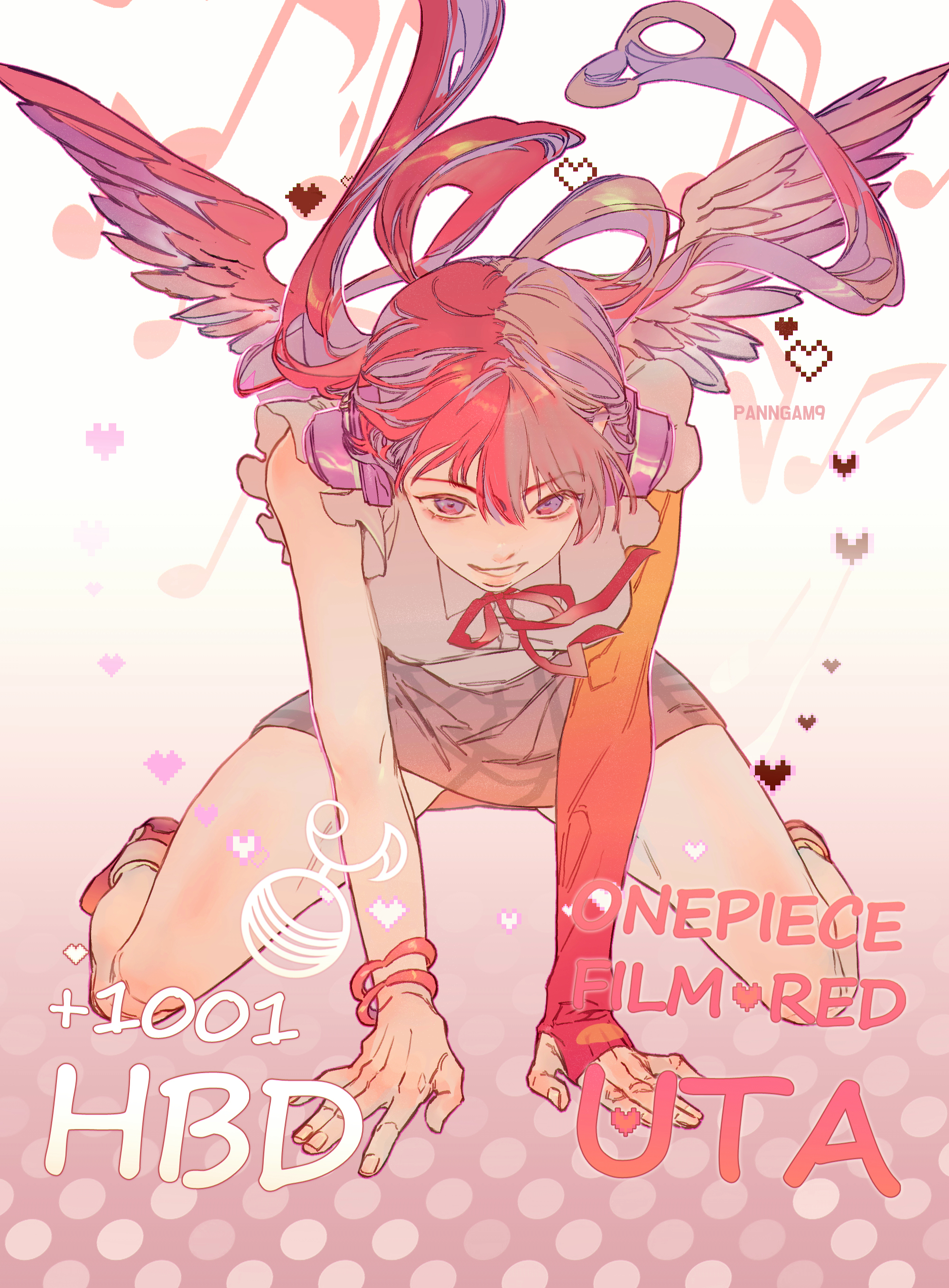 panngam9, uta (one piece), one piece, absurdres, highres, 1girl, asymmetrical bangs, asymmetrical gloves, birthday, feathered wings, gloves, happy birthday, headphones, long hair, low twintails, miniskirt, multicolored hair, musical note, purple eyes, red hair, shirt, single sleeve, skirt, smile, twintails, white hair, white shirt, wings