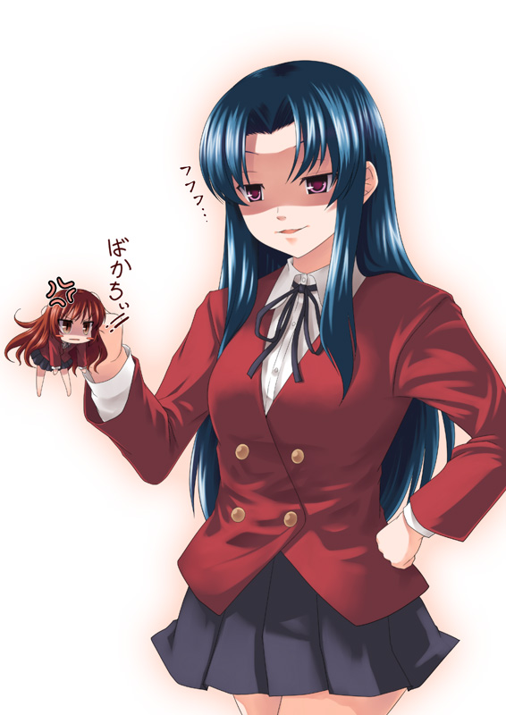kouji (campus life), aisaka taiga, kawashima ami, toradora!, 00s, angry, blue hair, brown eyes, brown hair, chibi, long hair, mini person, minigirl, purple eyes, school uniform, serafuku, thighhighs