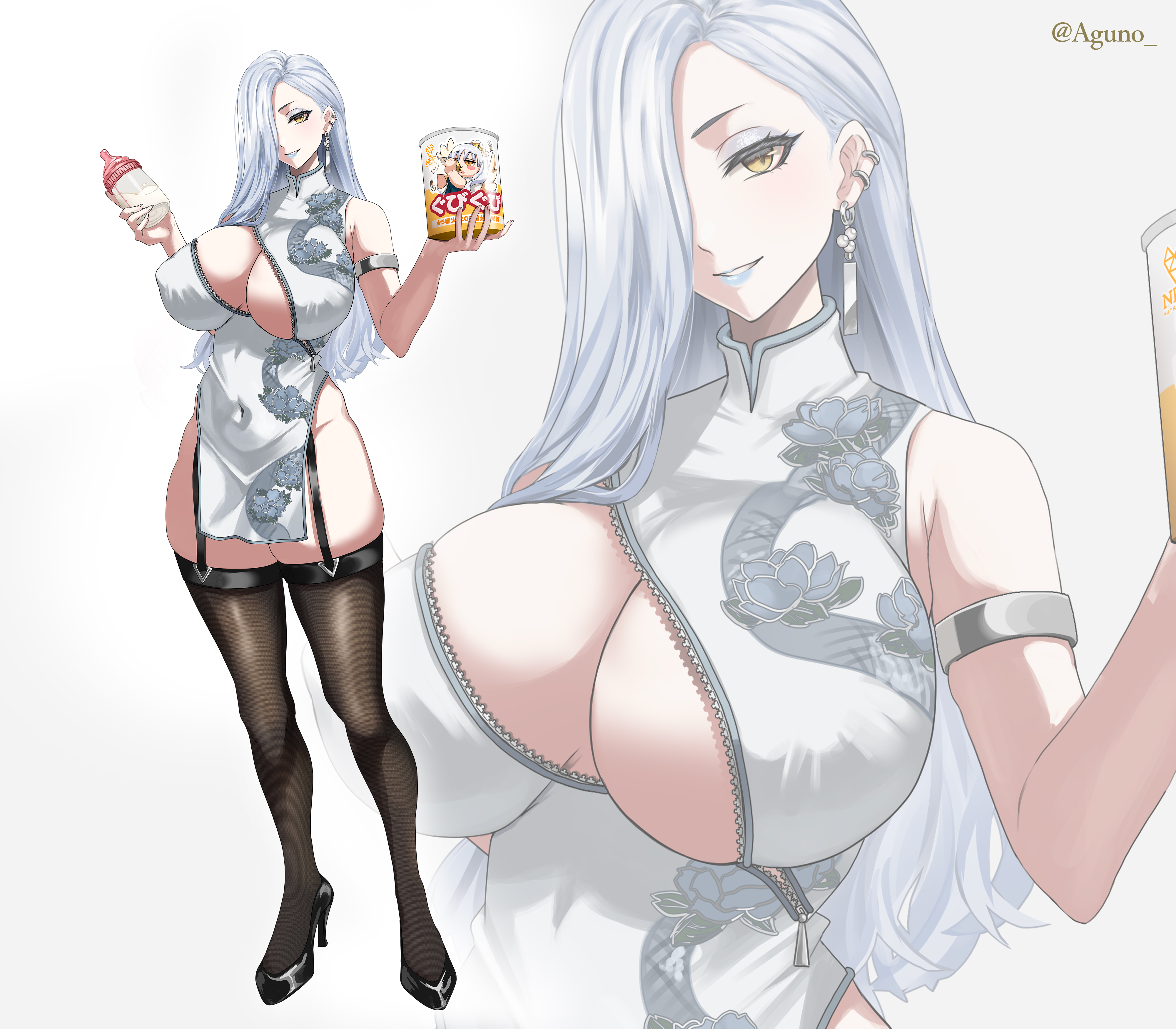 shibao aoyama, mrs. snake (fate), fate/grand order, fate (series), absurdres, highres, 1girl, baby bottle, bare shoulders, black thighhighs, blue lips, blush, bottle, breasts, china dress, chinese clothes, cleavage, cleavage cutout, clothing cutout, dress, earrings, eyeliner, full body, grin, hair over one eye, high heels, jewelry, large breasts, long hair, looking at viewer, makeup, pelvic curtain, smile, super baby caren, thighhighs, white dress, white hair, yellow eyes, zoom layer