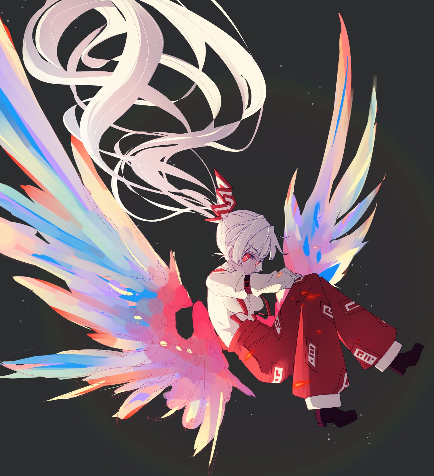 ryouryou, fujiwara no mokou, touhou, commentary request, highres, 1girl, feathered wings, full body, glowing, glowing eyes, grey background, long hair, pants, red eyes, red pants, shirt, solo, suspenders, very long hair, white hair, white shirt, wings