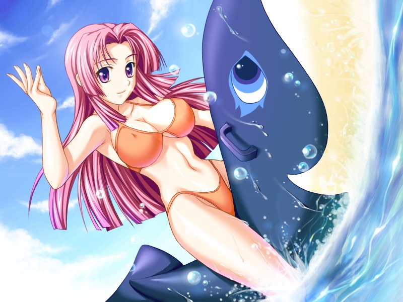 shironeko sanbou, ooeyama inori, tsuyokiss, game cg, non-web source, 1girl, bikini, breasts, bubble, cleavage, day, dutch angle, female focus, inflatable raft, long hair, navel, pink hair, purple eyes, solo, swimsuit, waving, whale